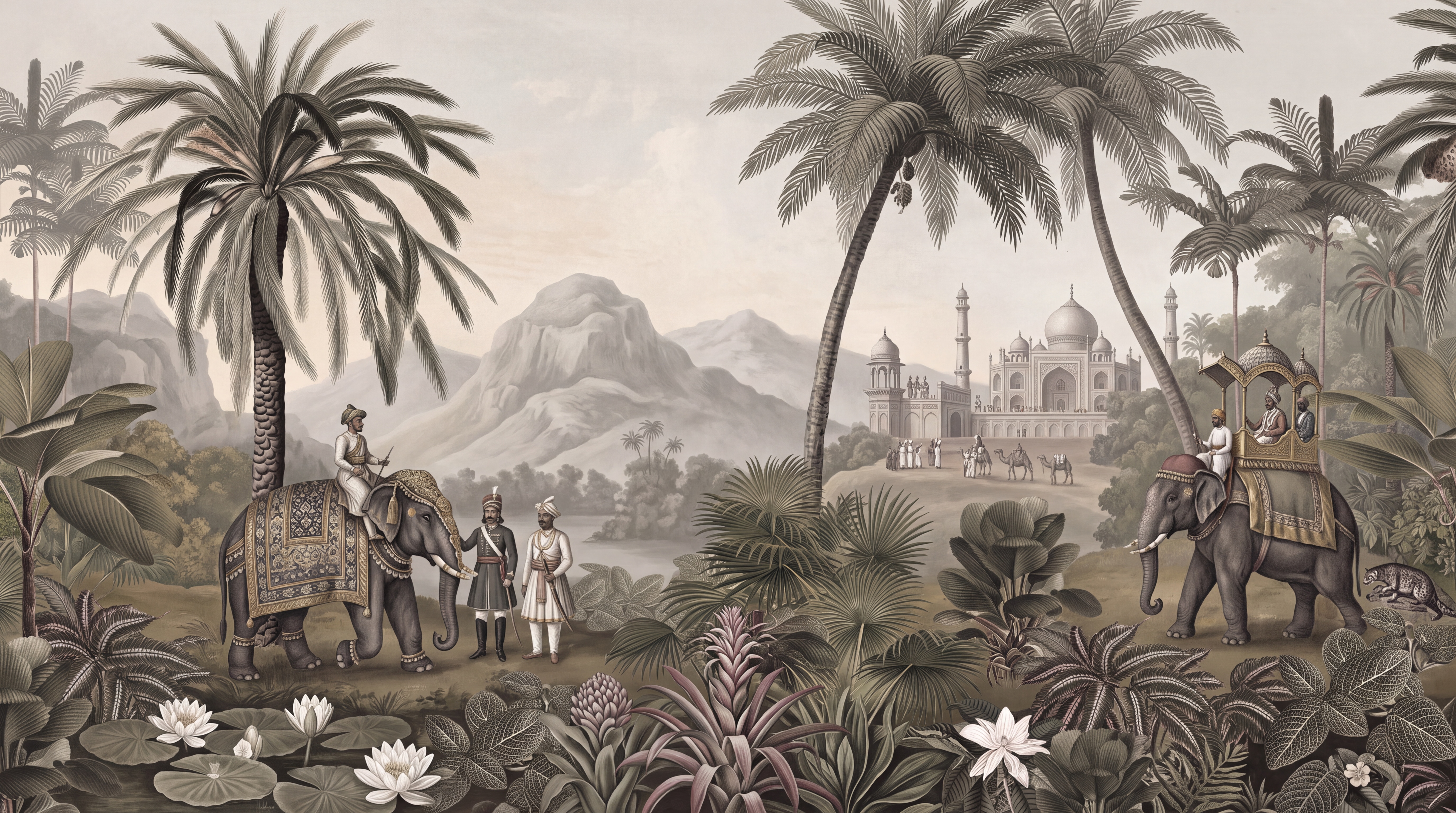 Sepia Palace Scenic Watercolour Wallpaper Mural Entryway-wallpaper-murals, Peel-and-stick Finish