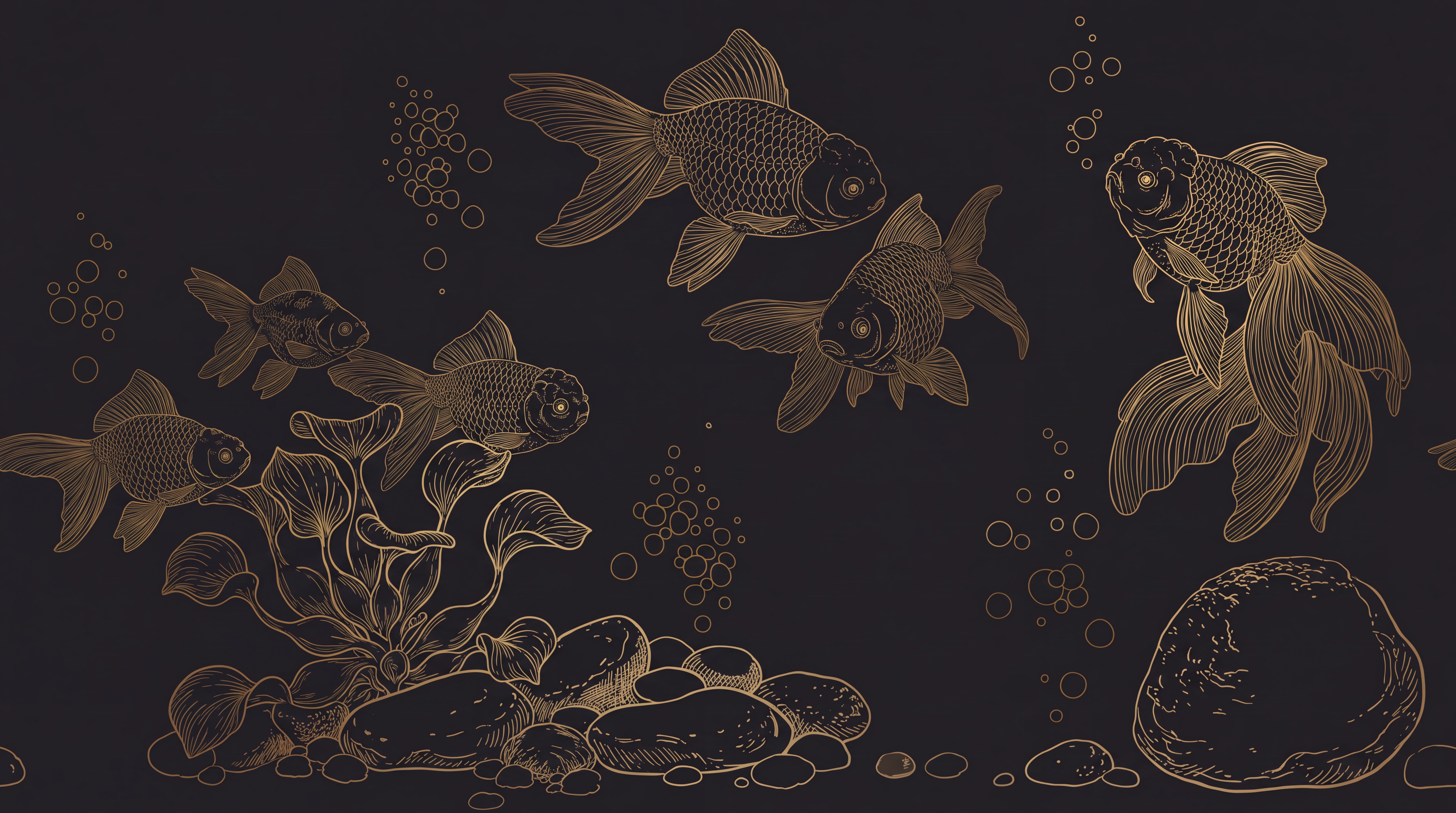 Gold Fish Illustrated Wallpaper Mural, Peel-and-stick Finish