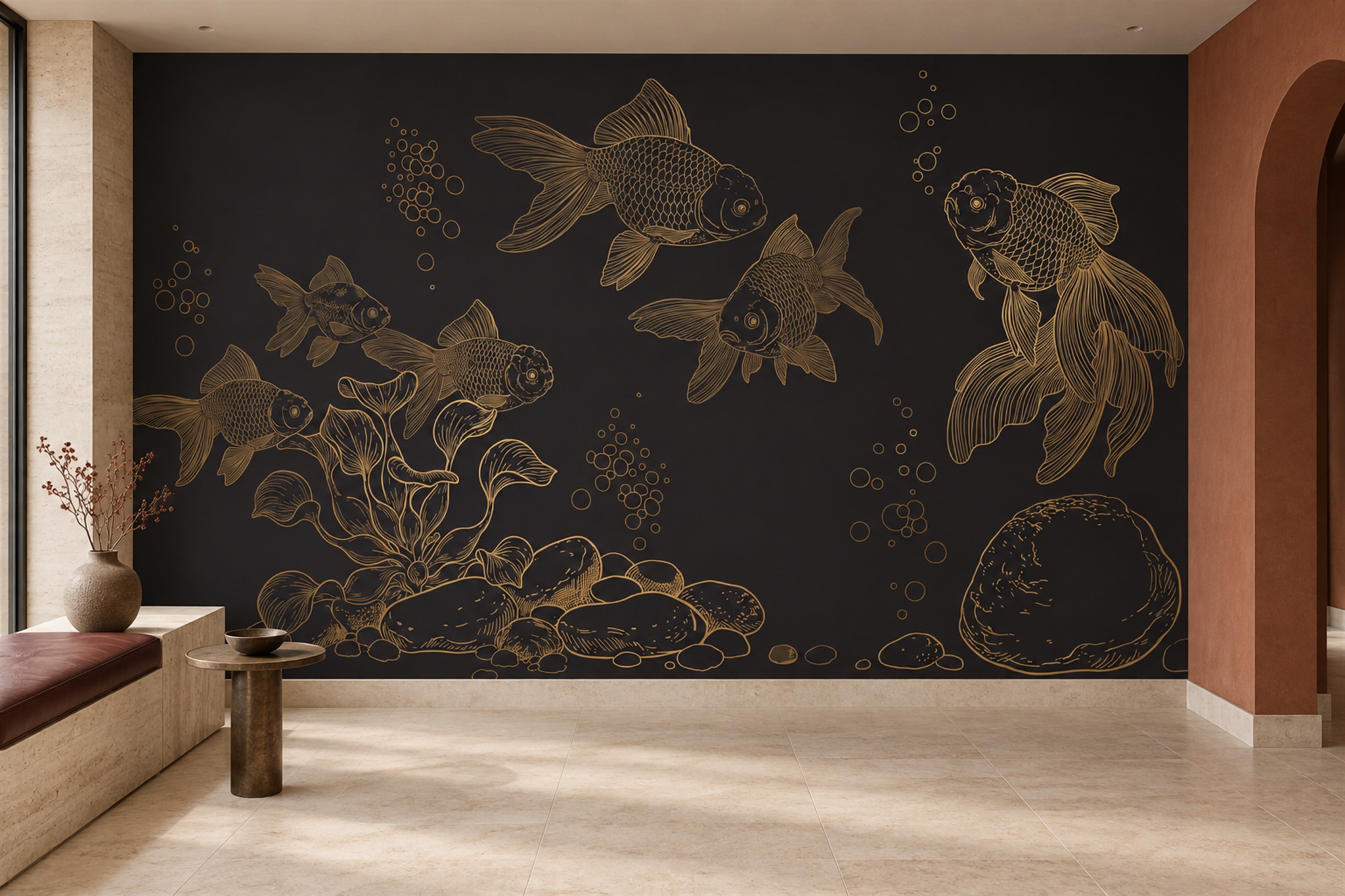 Gold Fish Illustrated Wallpaper Mural Entryway-wallpaper-murals, Peel-and-stick Finish