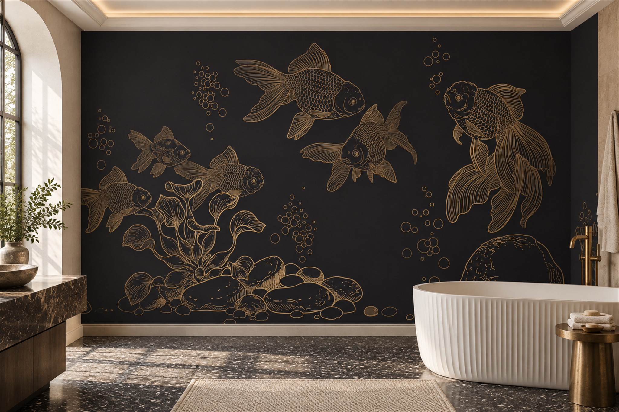 Goldfish And Lotus Pond Black Wallpaper Mural — Wallpaper Mural Design, Peel-and-stick Finish