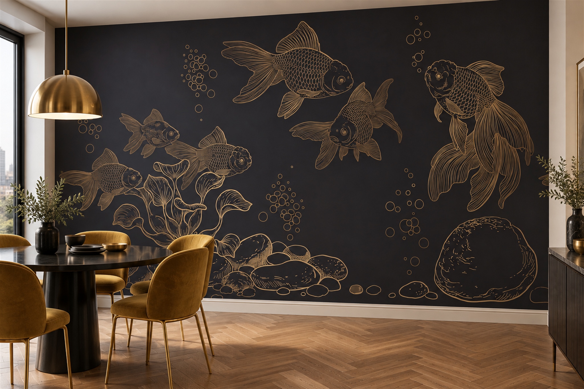 Gold Fish Illustrated Wallpaper Mural Bathroom-wallpaper-murals, Peel-and-stick Finish