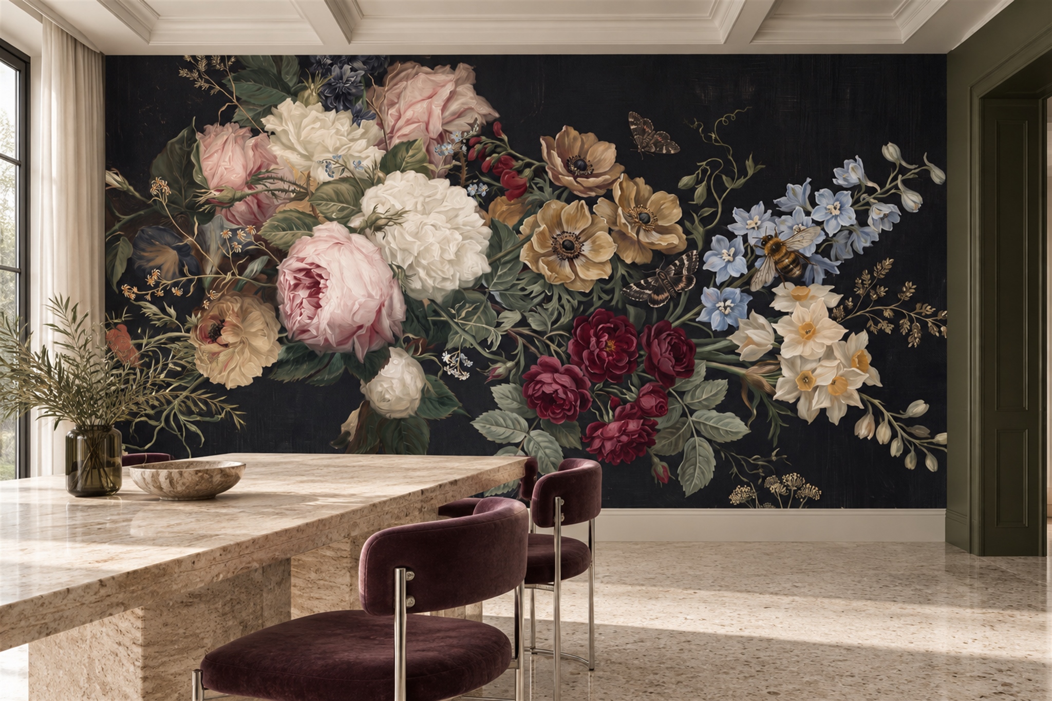 Pink Vintage Artful Bouquet Wallpaper Mural Dining-room-wallpaper-murals, Shown In A Dining Room, Peel-and-stick Finish