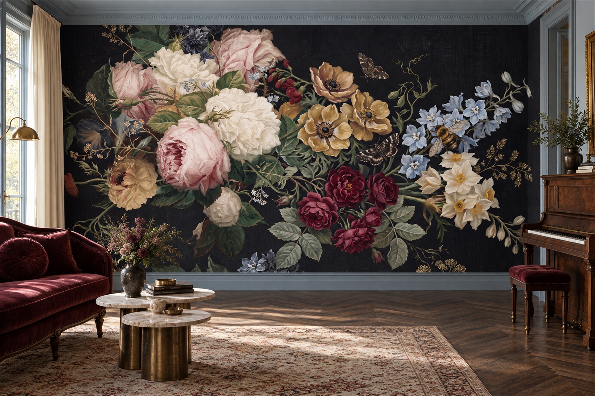 Mixed Garden Flowers And Butterflies On Black Wallpaper Mural — Wallpaper Mural Design, Peel-and-stick Finish