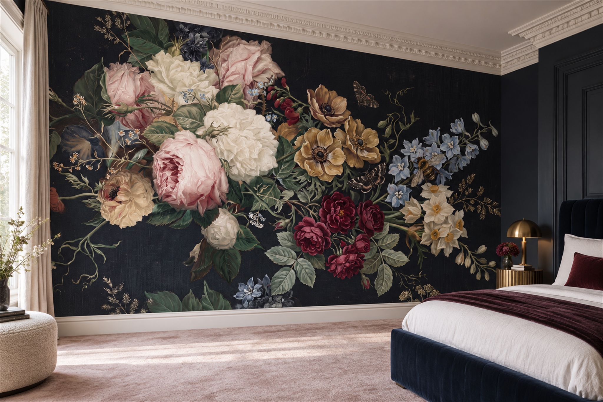 Pink Vintage Artful Bouquet Wallpaper Mural Bedroom-wallpaper-murals, Peel-and-stick Finish