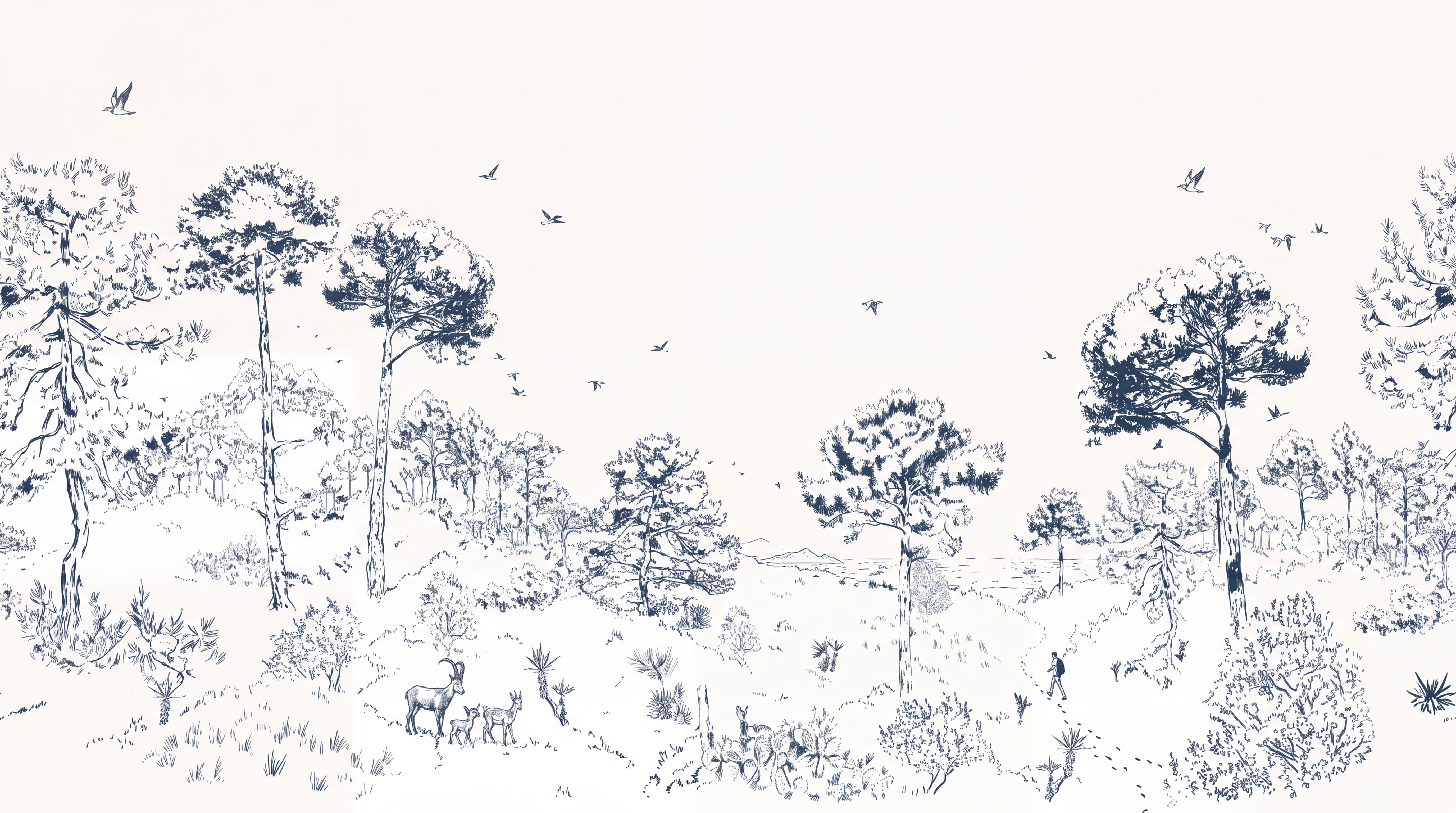 Blue Toile Artful Decorative Wallpaper Mural, Peel-and-stick Finish