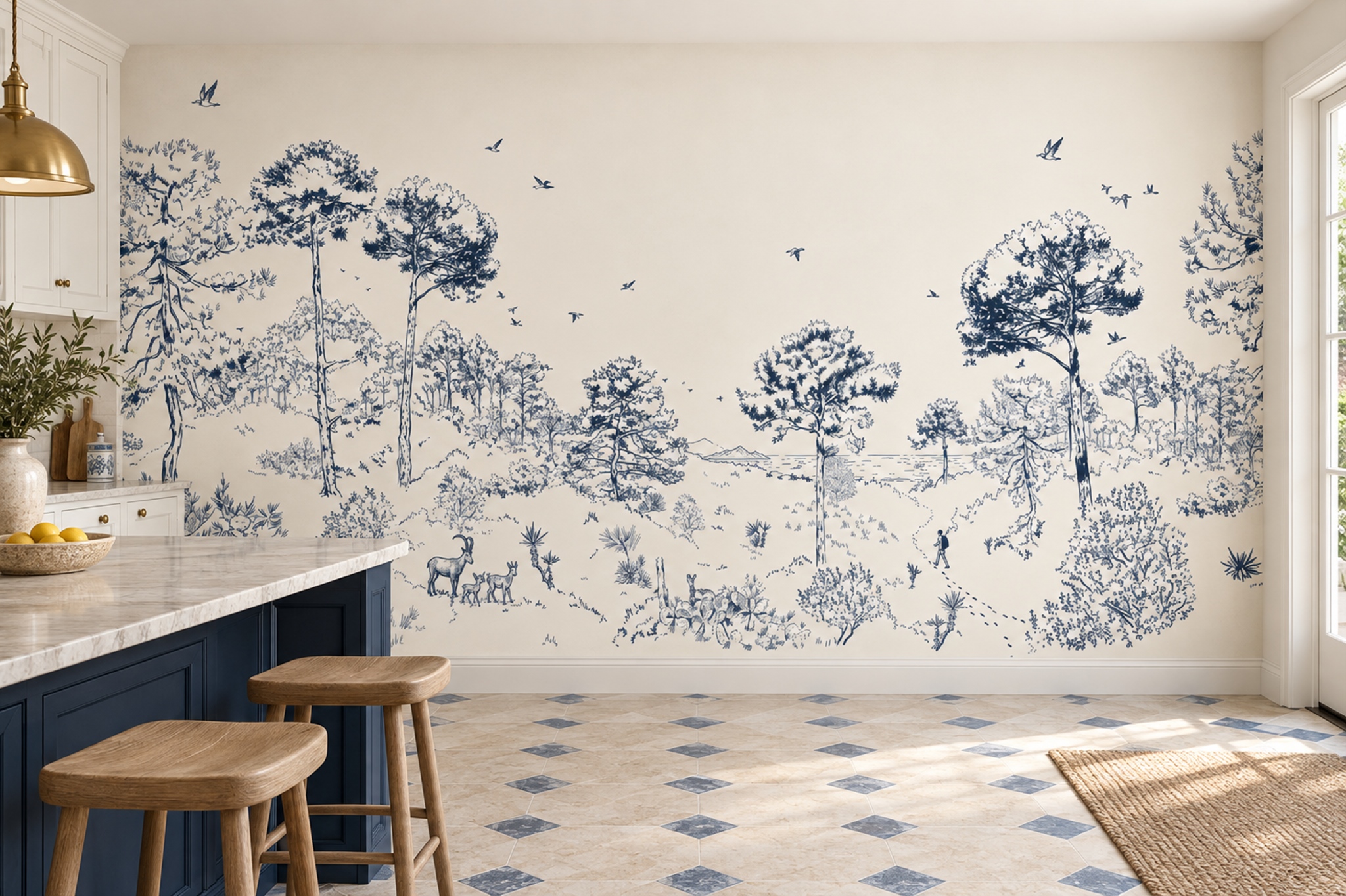 Blue Toile Artful Decorative Wallpaper Mural Dining-room-wallpaper-murals, Shown In A Dining Room, Peel-and-stick Finish
