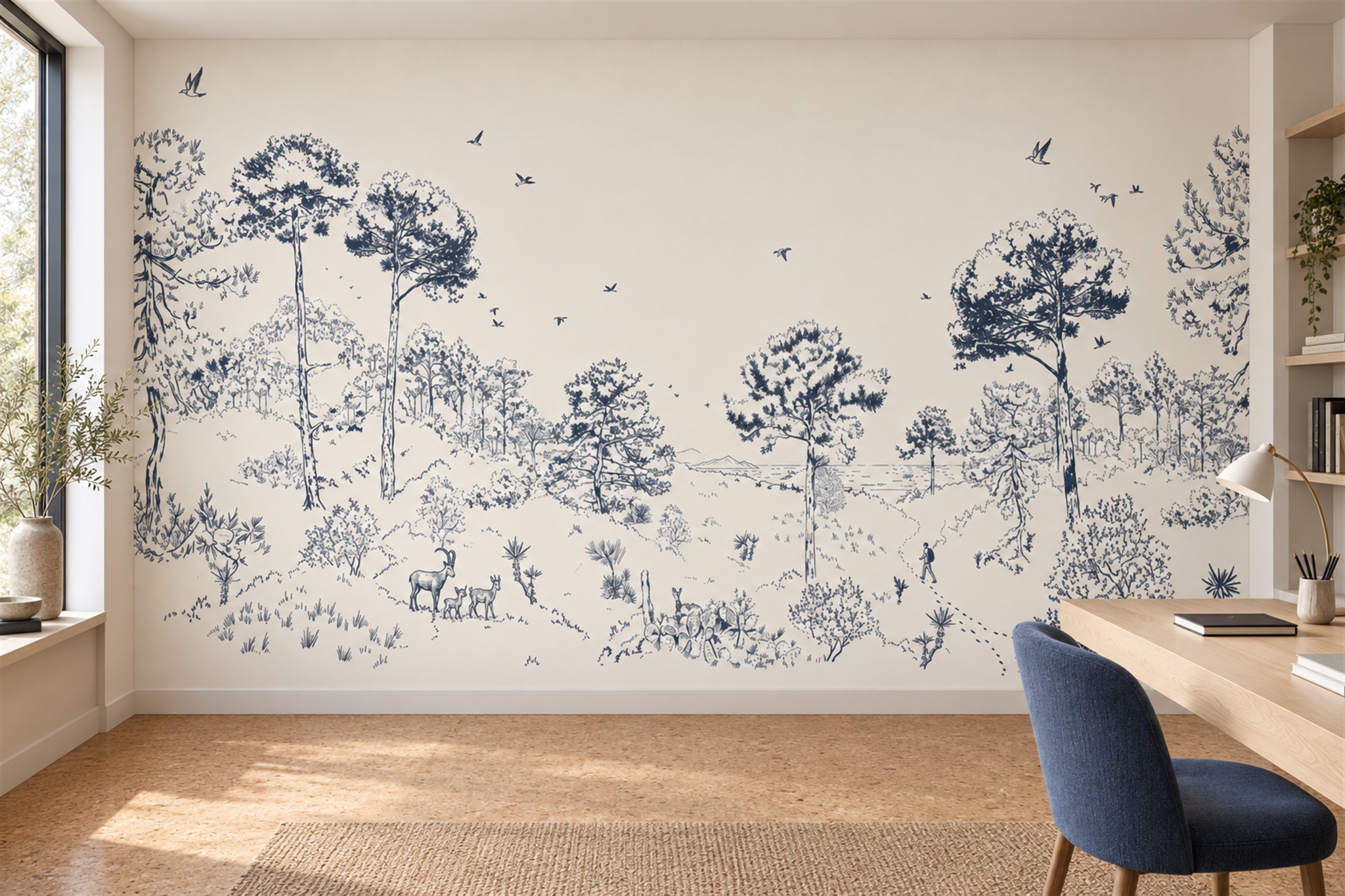 Blue Toile Artful Decorative Wallpaper Mural Bedroom-wallpaper-murals, Peel-and-stick Finish