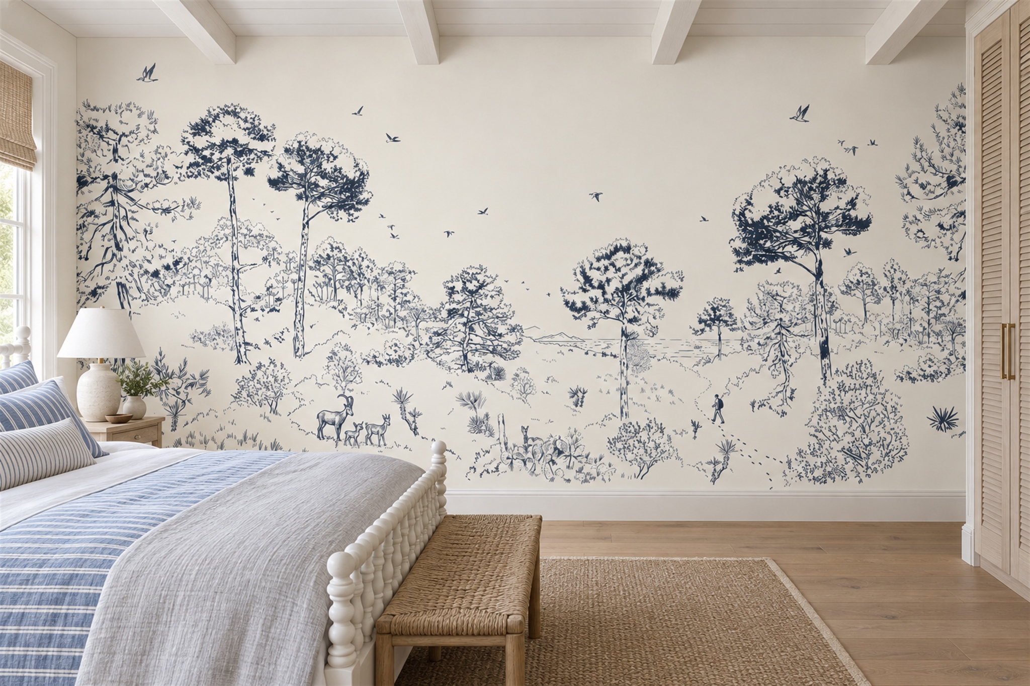 Blue Toile Artful Decorative Wallpaper Mural Bedroom-wallpaper-murals, Peel-and-stick Finish
