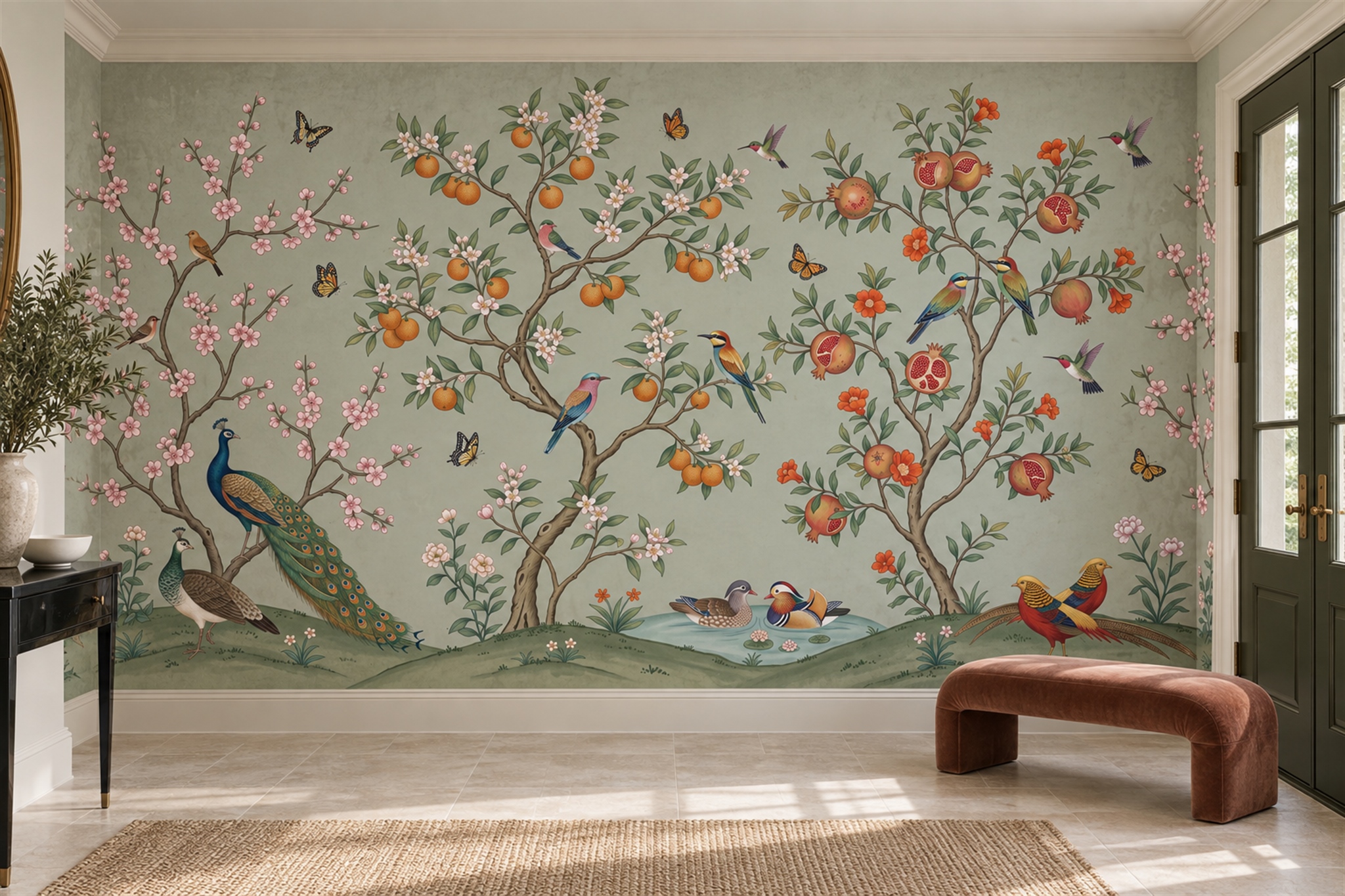Sage Pattern Decorative Wallpaper Mural Layered Tones Wallpaper Mural Entryway-wallpaper-murals, Peel-and-stick Finish