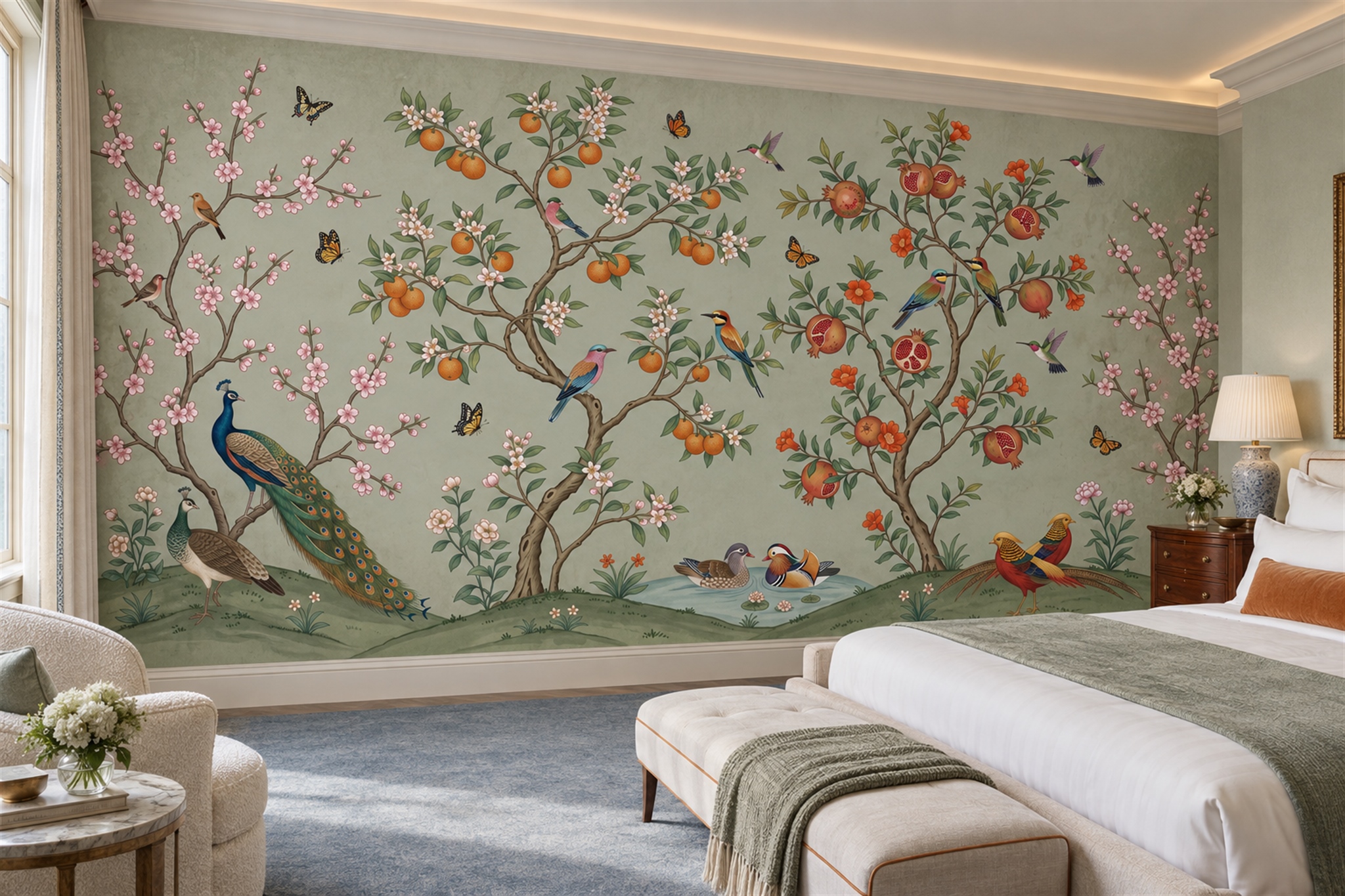 Citrus And Pomegranate Orchard With Peacocks Wallpaper Mural — Installed Wallpaper Mural In A Bedroom, Peel-and-stick Finish