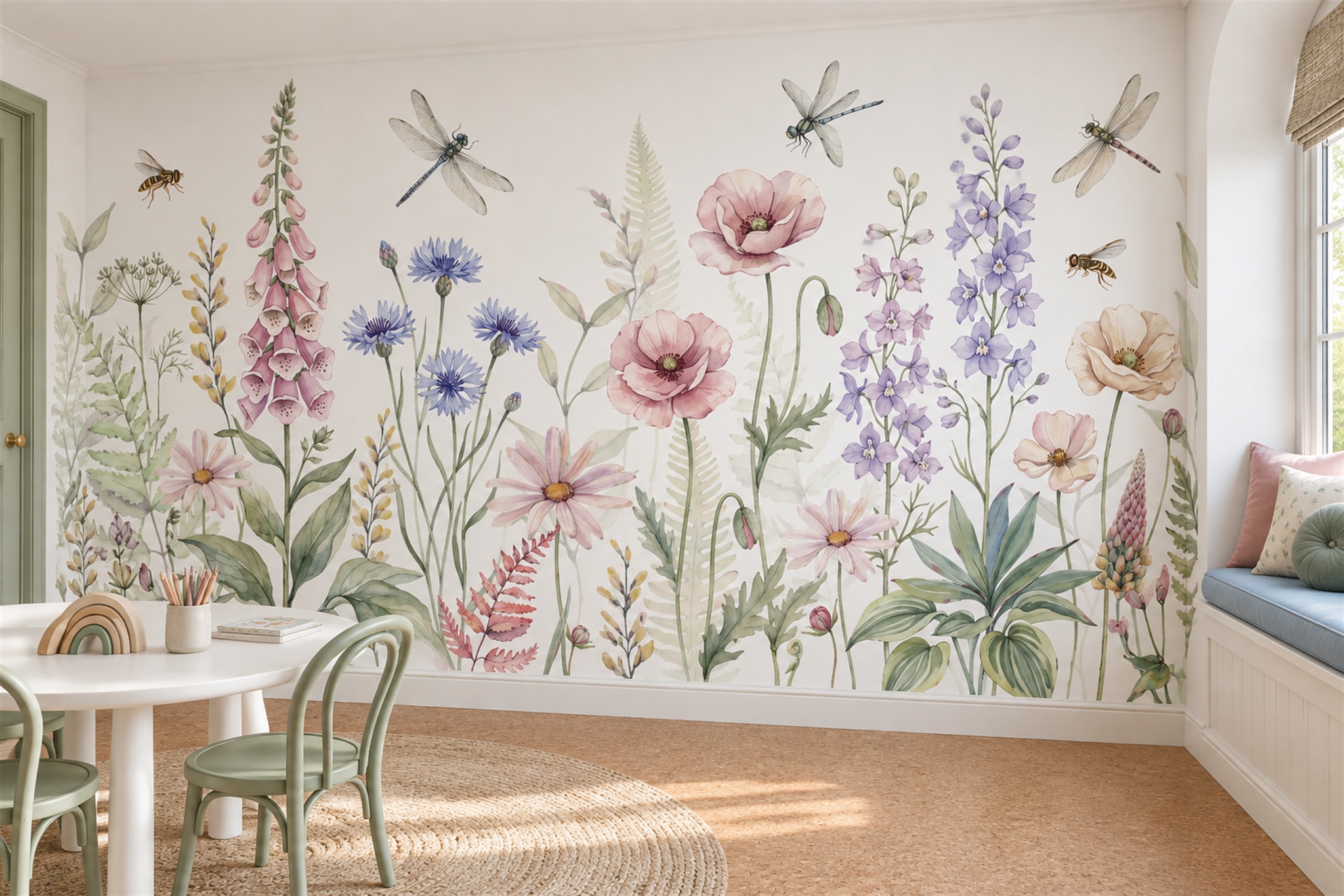 Pink Meadow Landscape Wallpaper Mural, Shown In A Home Office, Peel-and-stick Finish