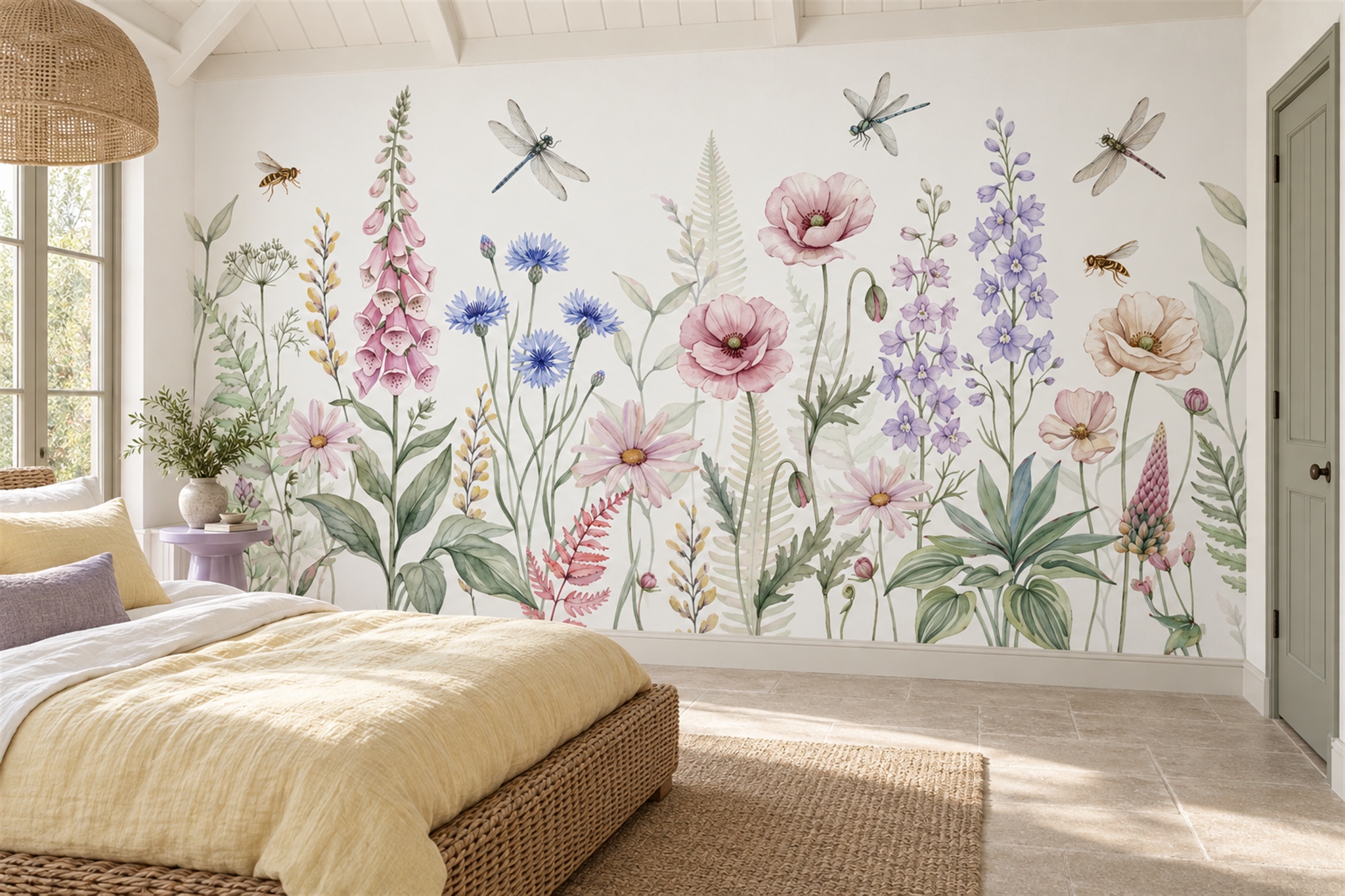 Pastel Wildflower Meadow With Dragonflies And Bees Wallpaper Mural — Installed Wallpaper Mural In A Bedroom, Peel-and-stick Finish