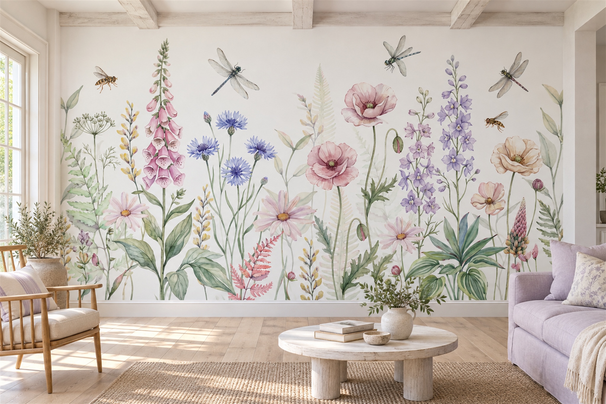 Pink Meadow Landscape Wallpaper Mural, Shown In A Living Room, Peel-and-stick Finish