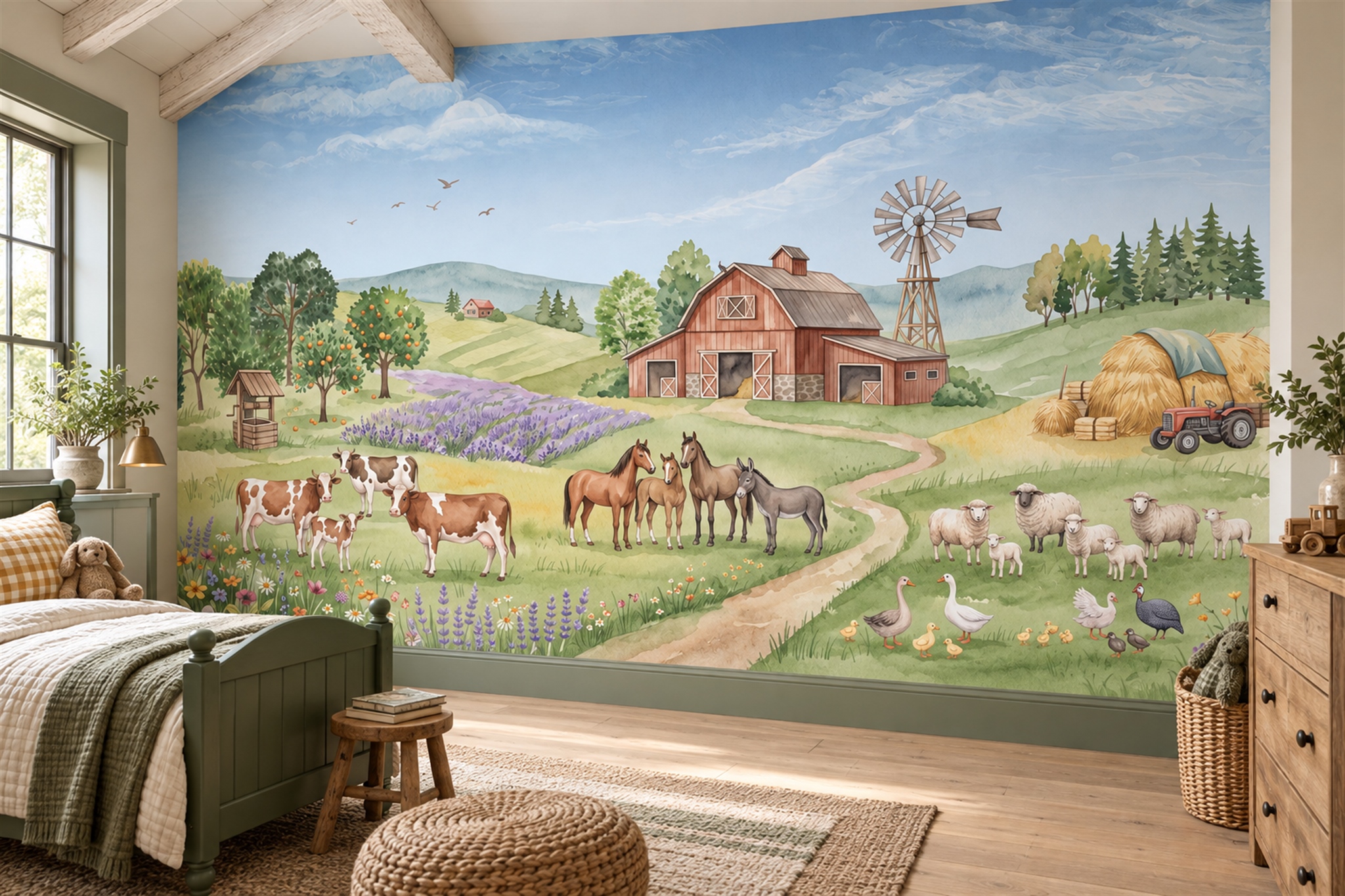 Watercolour Farm With Barn, Windmill And Farm Animals Wallpaper Mural — Wallpaper Mural Design, Peel-and-stick Finish