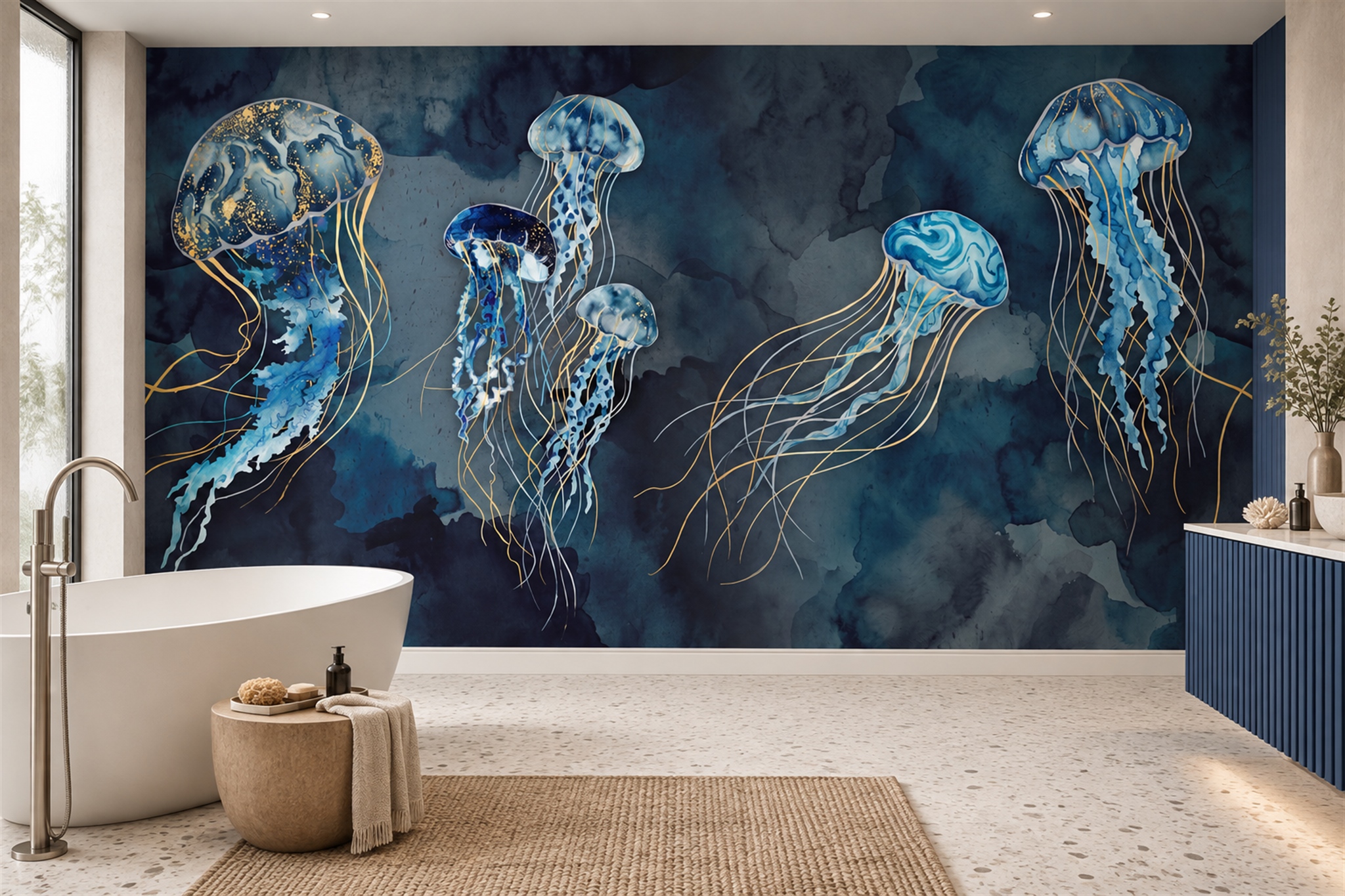 Blue Jellyfish Illustrated Abstract Wallpaper Mural Bathroom-wallpaper-murals, Peel-and-stick Finish