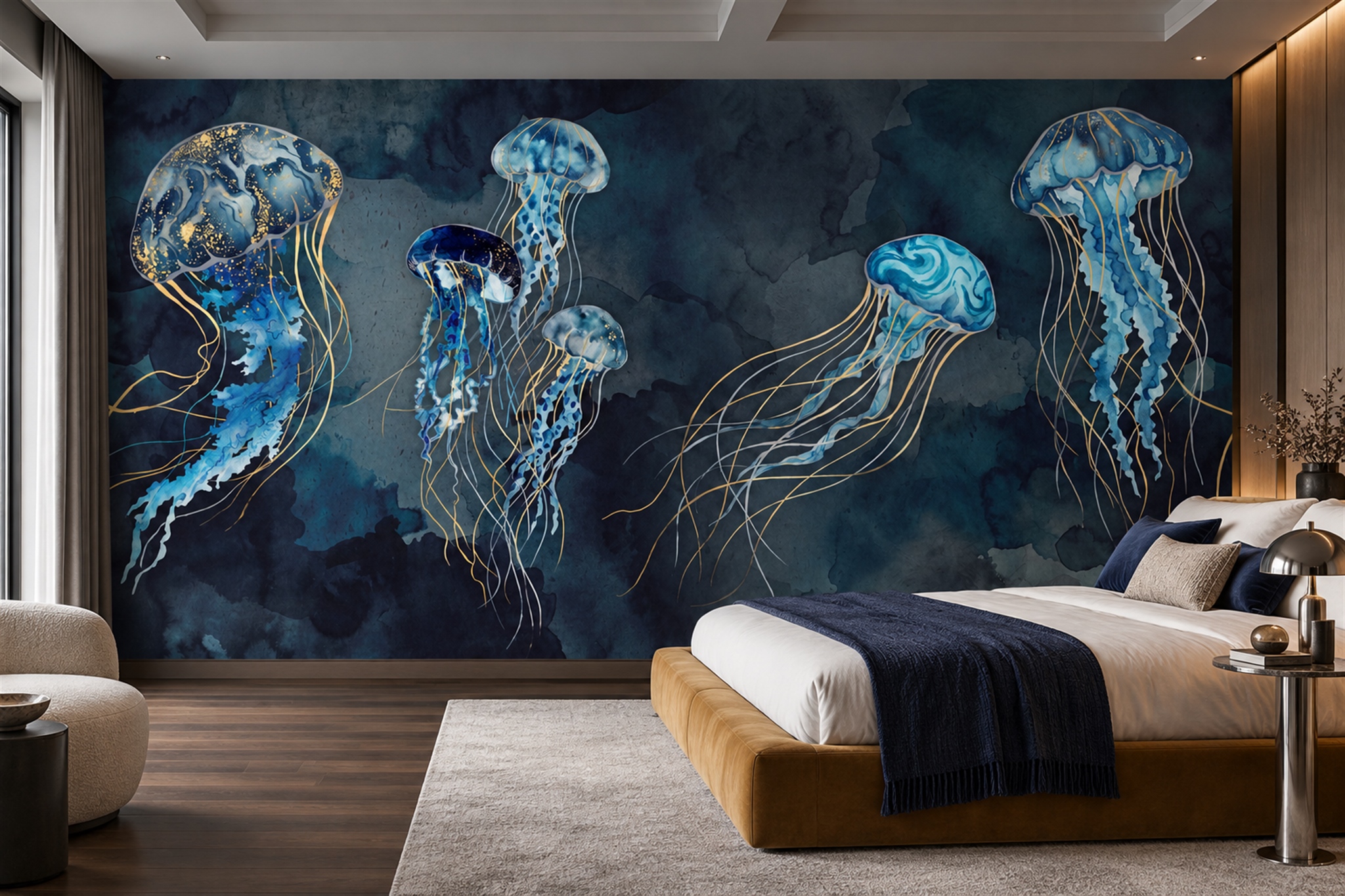 Blue Jellyfish Illustrated Abstract Wallpaper Mural Bedroom-wallpaper-murals, Peel-and-stick Finish