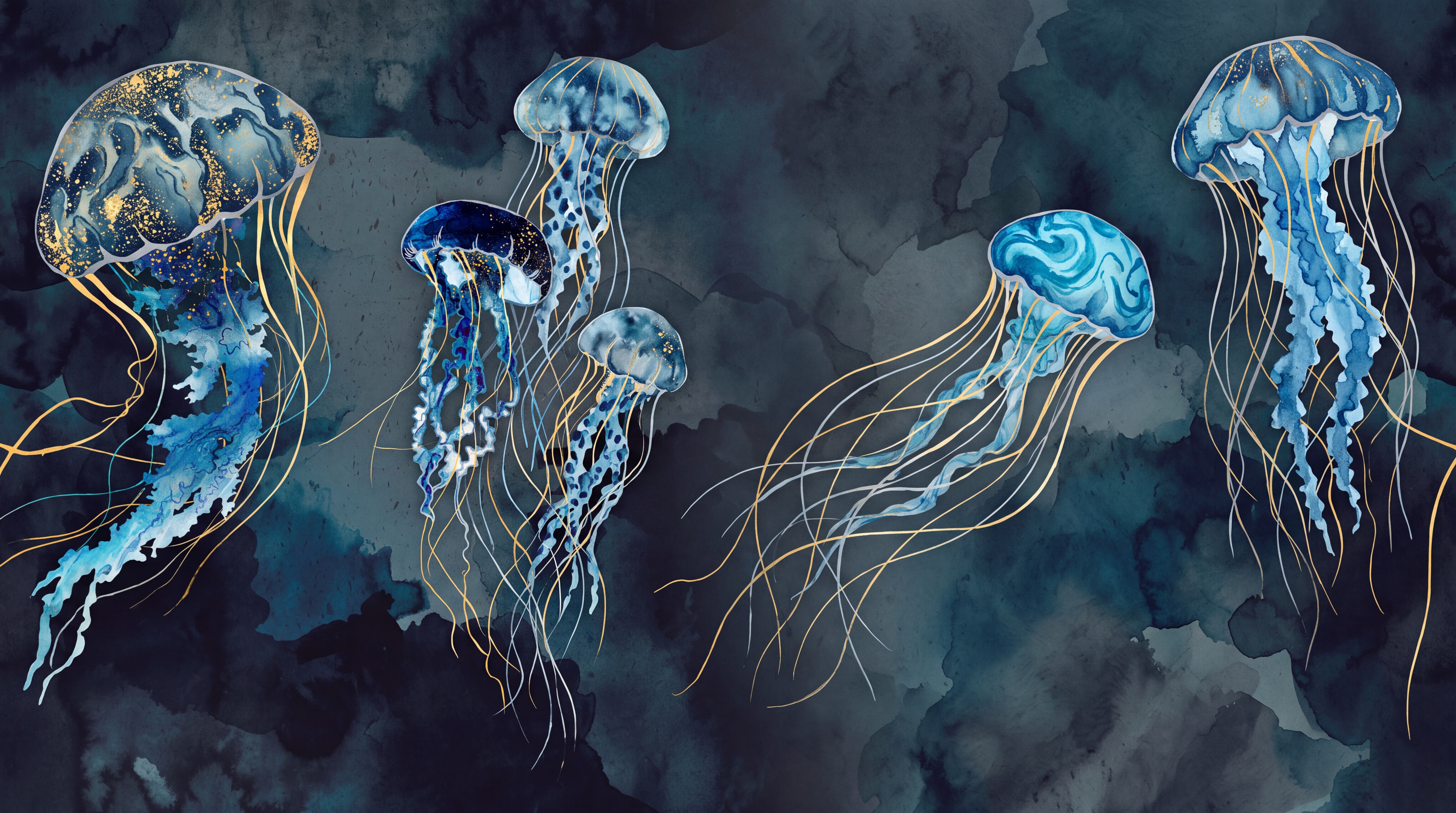 Blue Jellyfish Illustrated Abstract Wallpaper Mural, Peel-and-stick Finish
