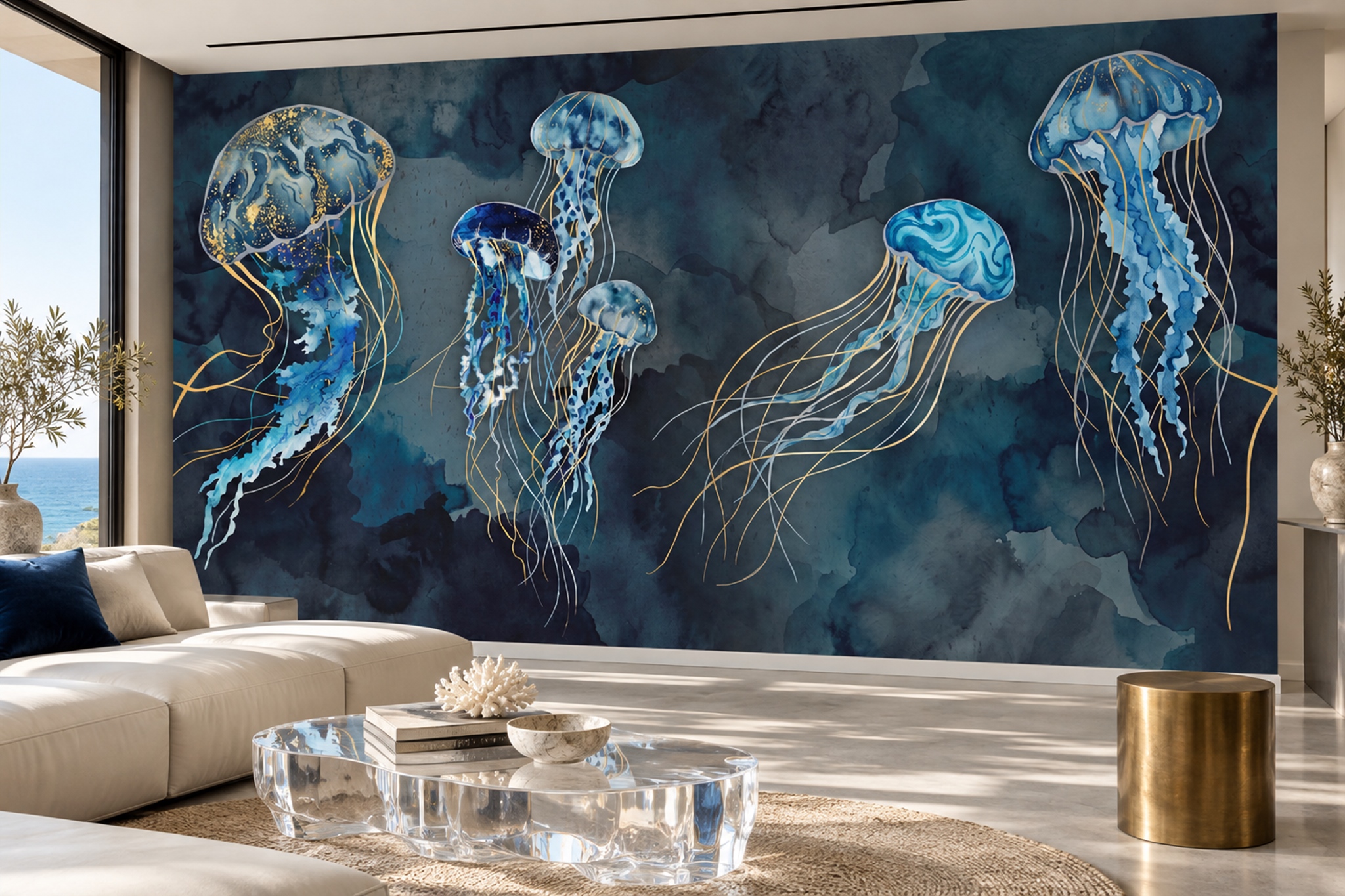 Blue Jellyfish Illustrated Abstract Wallpaper Mural Bathroom-wallpaper-murals, Peel-and-stick Finish