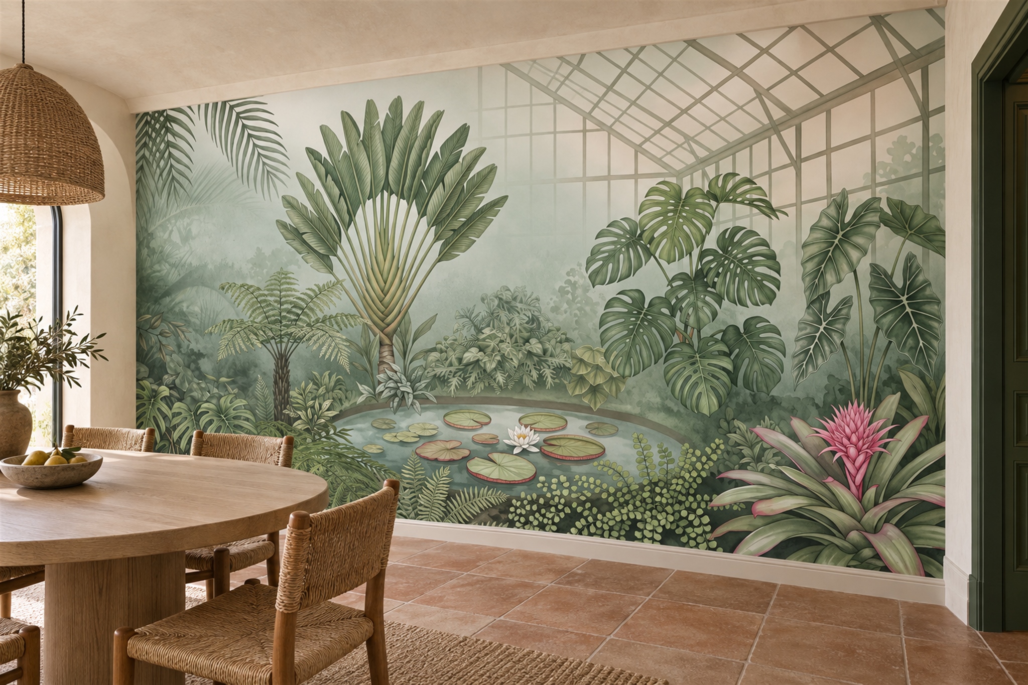 Sage Tropical Artful Textured Wallpaper Mural Dining-room-wallpaper-murals, Shown In A Dining Room, Peel-and-stick Finish