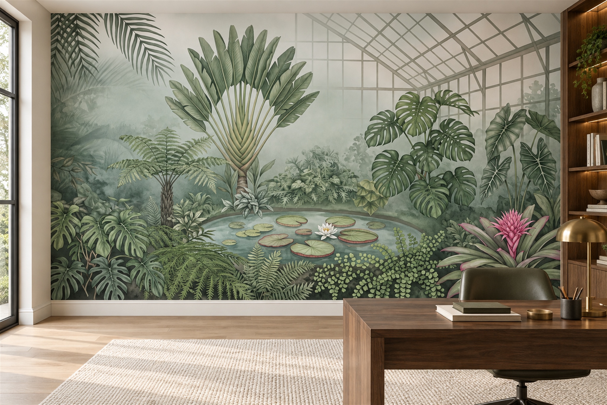 Sage Green Tropical Conservatory And Lily Pond Wallpaper Mural — Wallpaper Mural Design, Peel-and-stick Finish