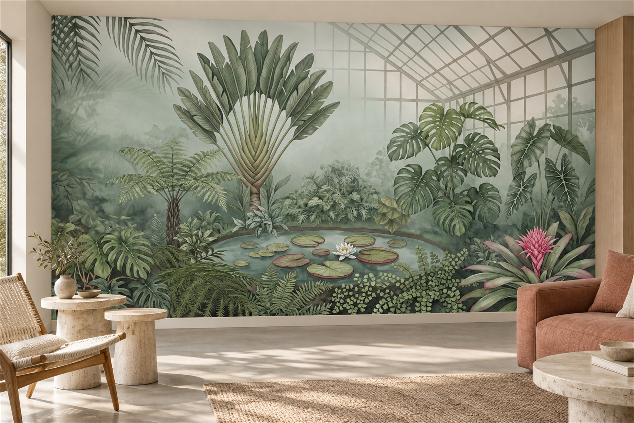 Sage Tropical Artful Textured Wallpaper Mural Accent-wall-wallpaper-murals, Peel-and-stick Finish
