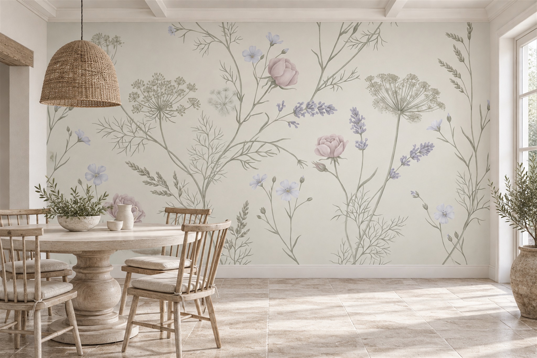 Sage Meadow Scenic Wallpaper Mural Dining-room-wallpaper-murals, Shown In A Dining Room, Peel-and-stick Finish