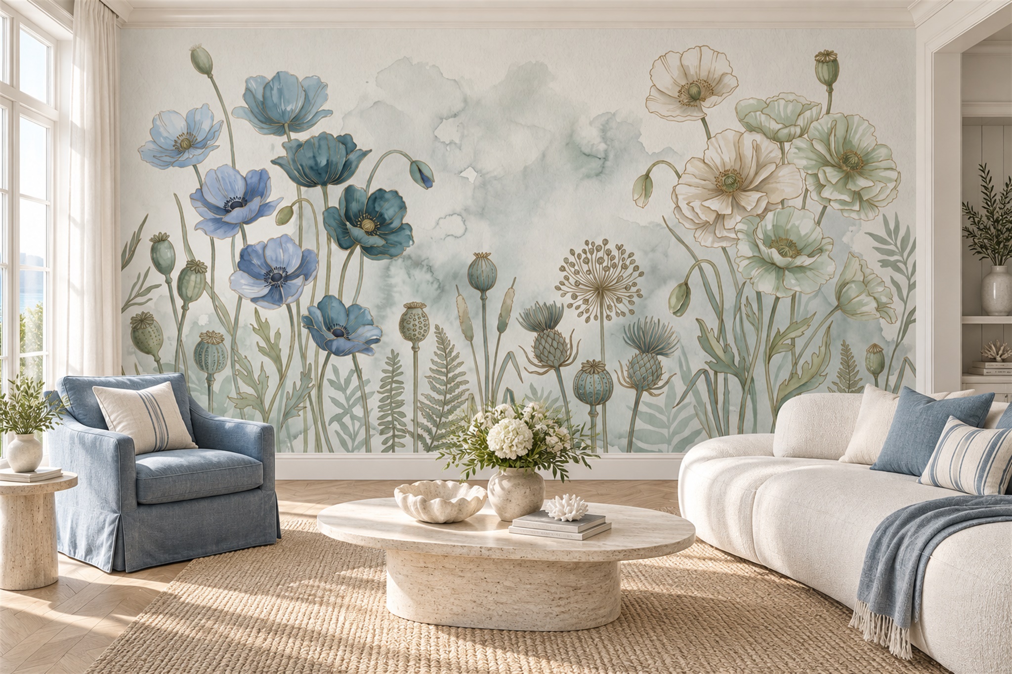 Blue Pattern Decorative Wallpaper Mural Layered Painterly Marks Accent-wall-wallpaper-murals, Peel-and-stick Finish