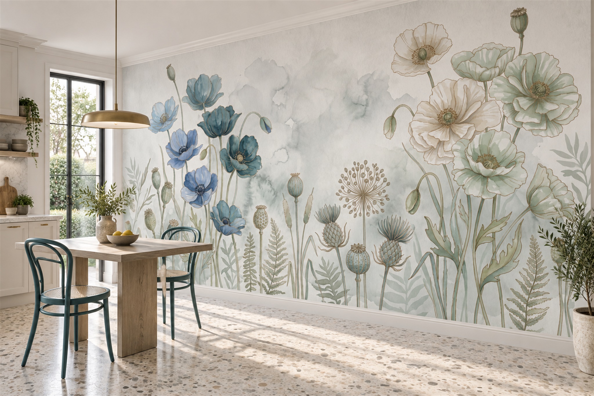 Blue Pattern Decorative Wallpaper Mural Layered Painterly Marks Dining-room-wallpaper-murals, Shown In A Dining Room, Peel-and-stick Finish