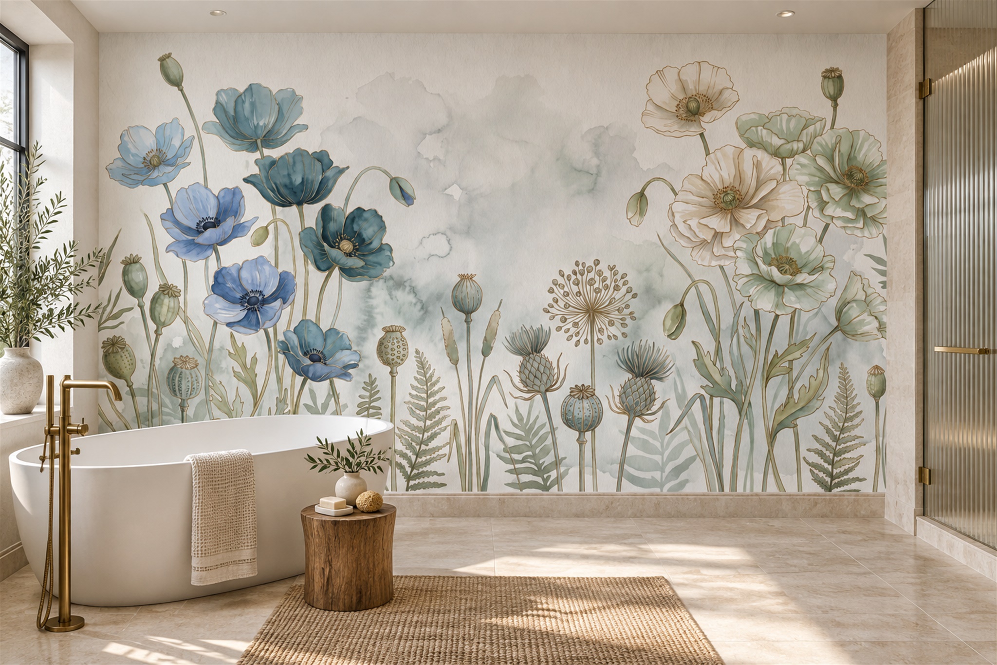 Blue Pattern Decorative Wallpaper Mural Layered Painterly Marks Bathroom-wallpaper-murals, Peel-and-stick Finish