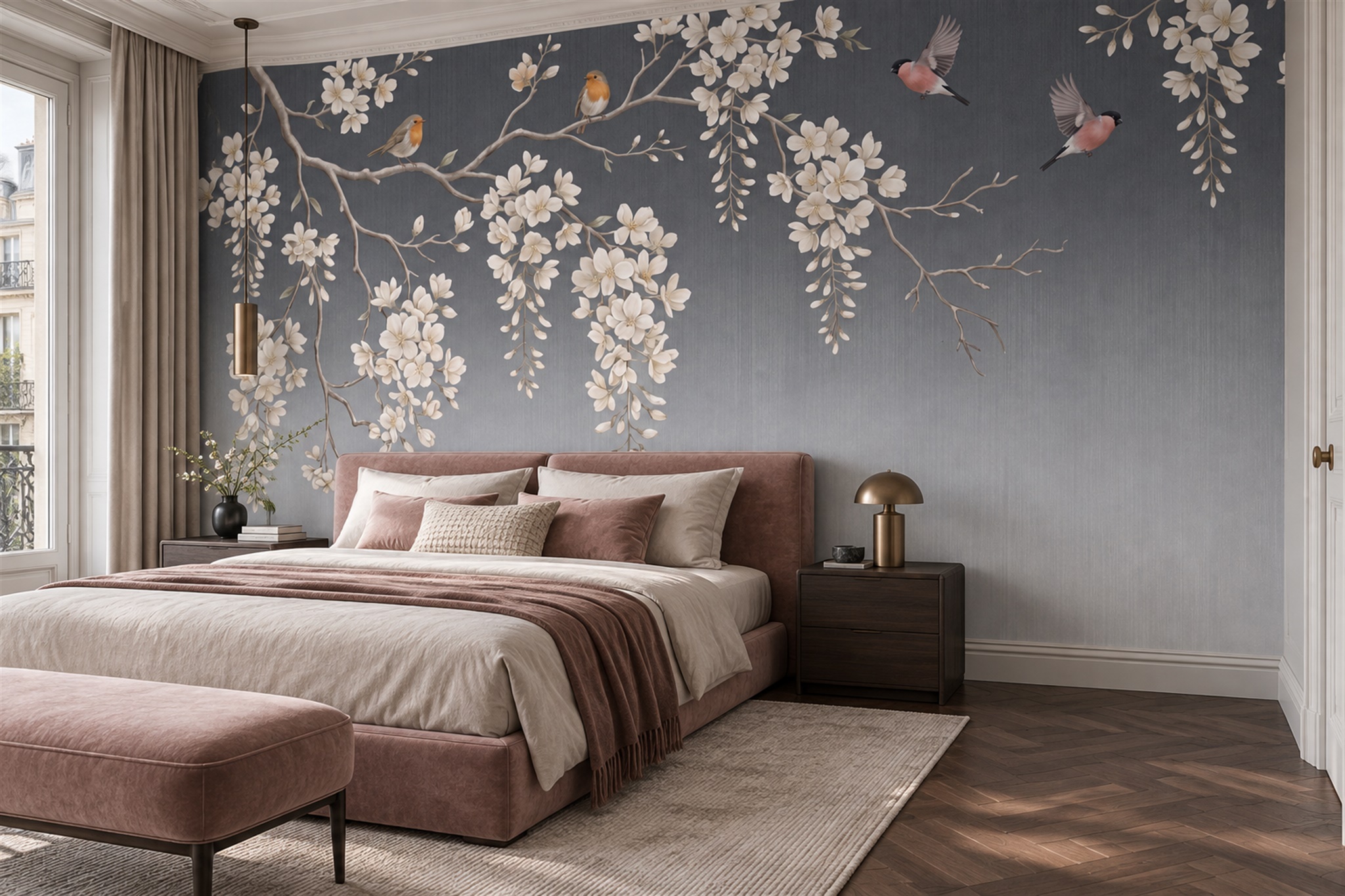 Grey Blossom Botanical Decorative Wallpaper Mural Bedroom-wallpaper-murals, Peel-and-stick Finish