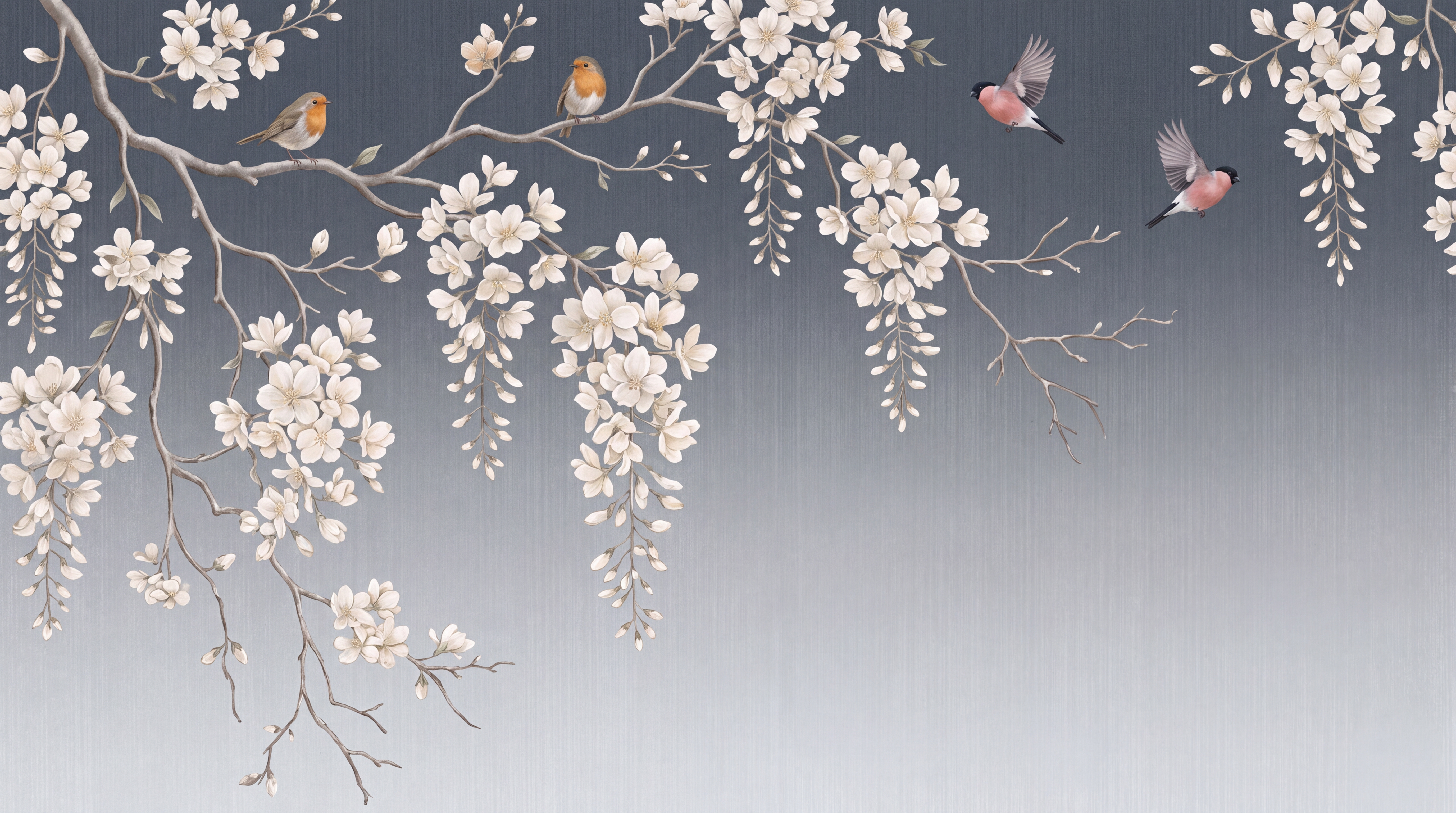 Grey Blossom Botanical Decorative Wallpaper Mural, Peel-and-stick Finish