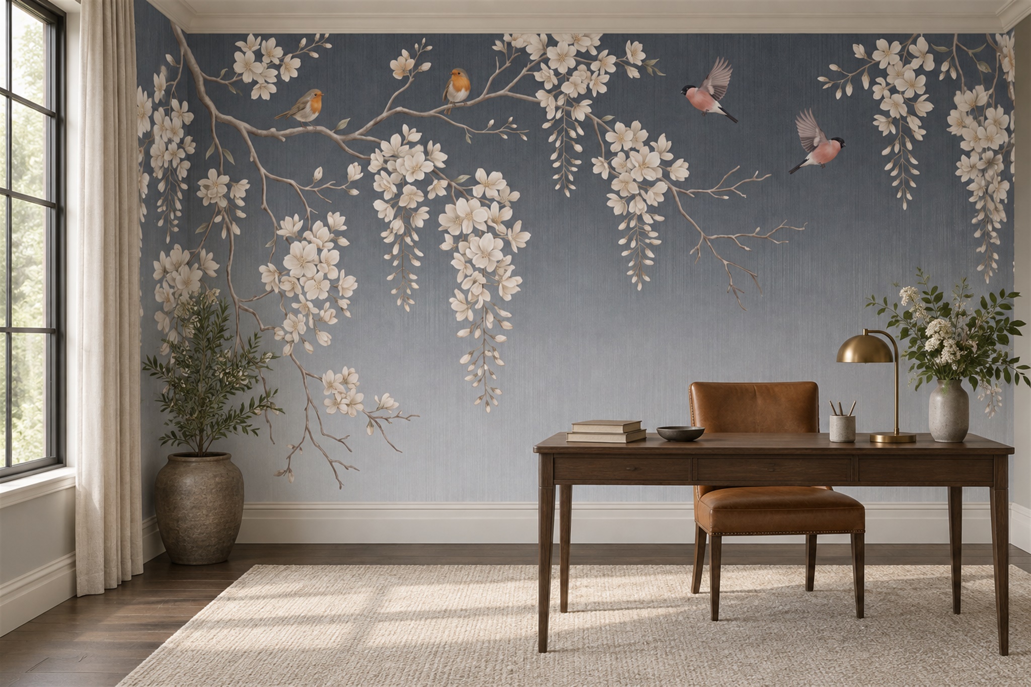 White Blossoms And Songbirds On Charcoal Grey Wallpaper Mural — Wallpaper Mural Design, Peel-and-stick Finish