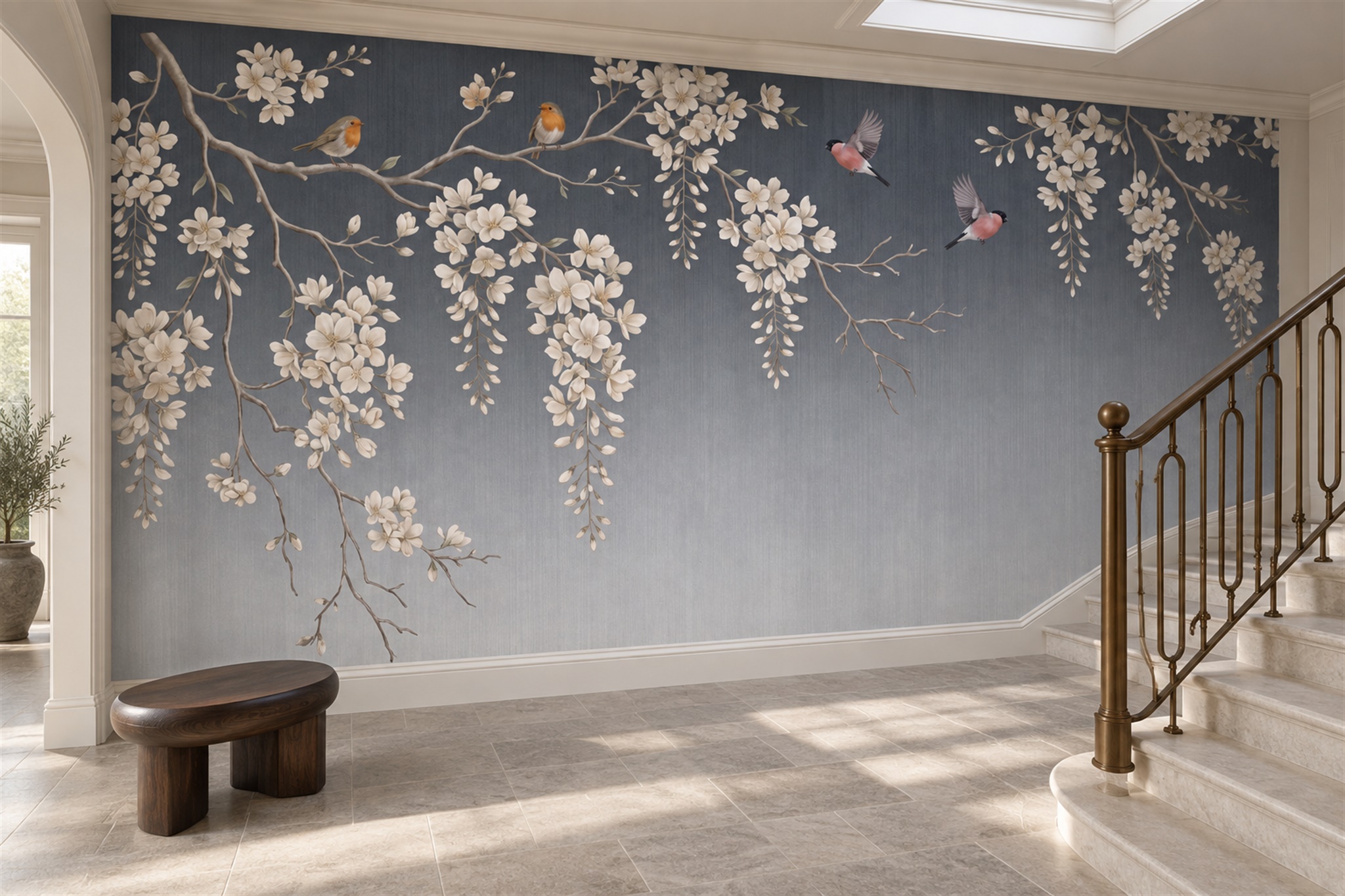 Grey Blossom Botanical Decorative Wallpaper Mural Accent-wall-wallpaper-murals, Peel-and-stick Finish