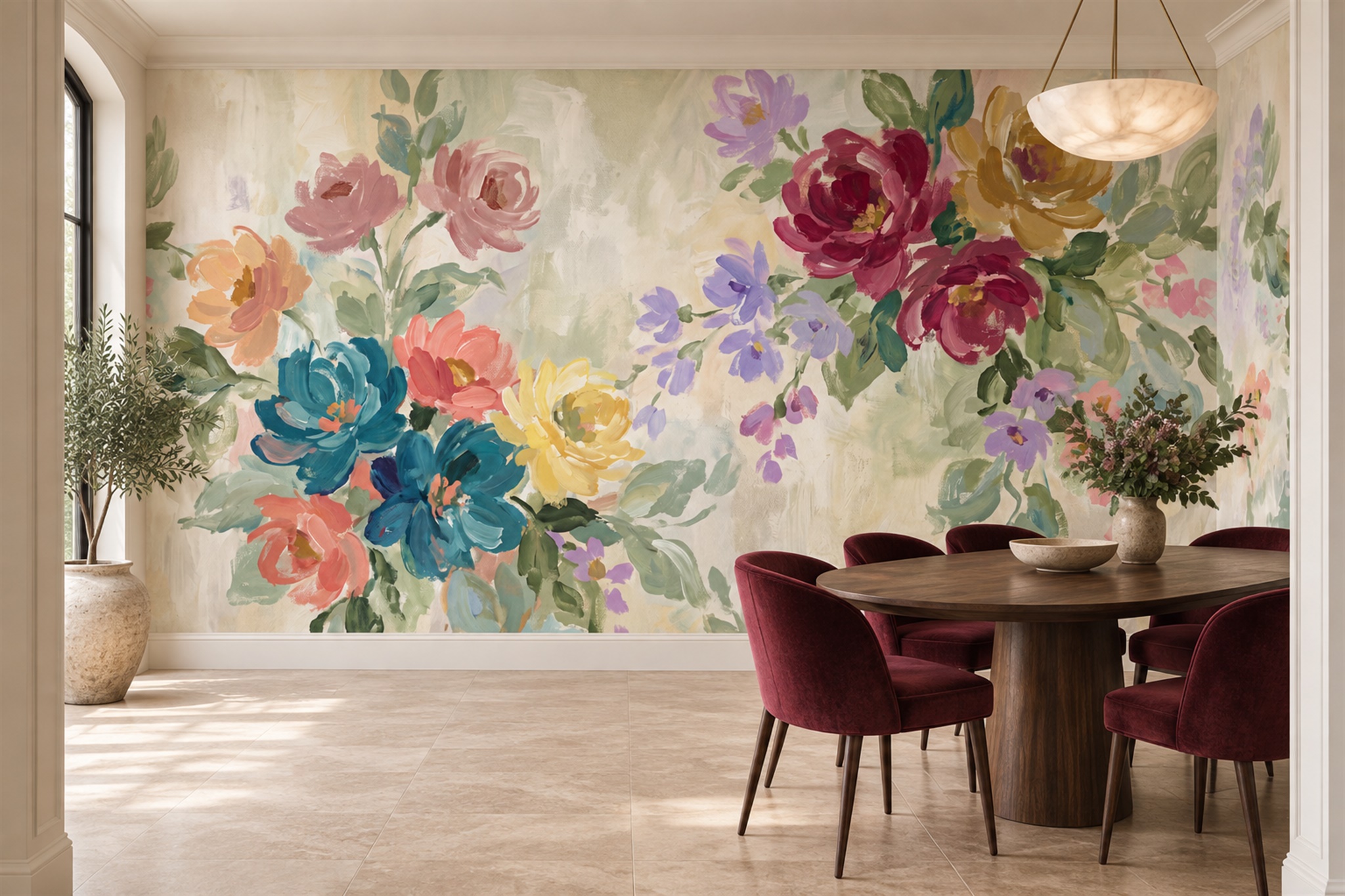 Pink Floral Botanical Textured Wallpaper Mural Dining-room-wallpaper-murals, Shown In A Dining Room, Peel-and-stick Finish