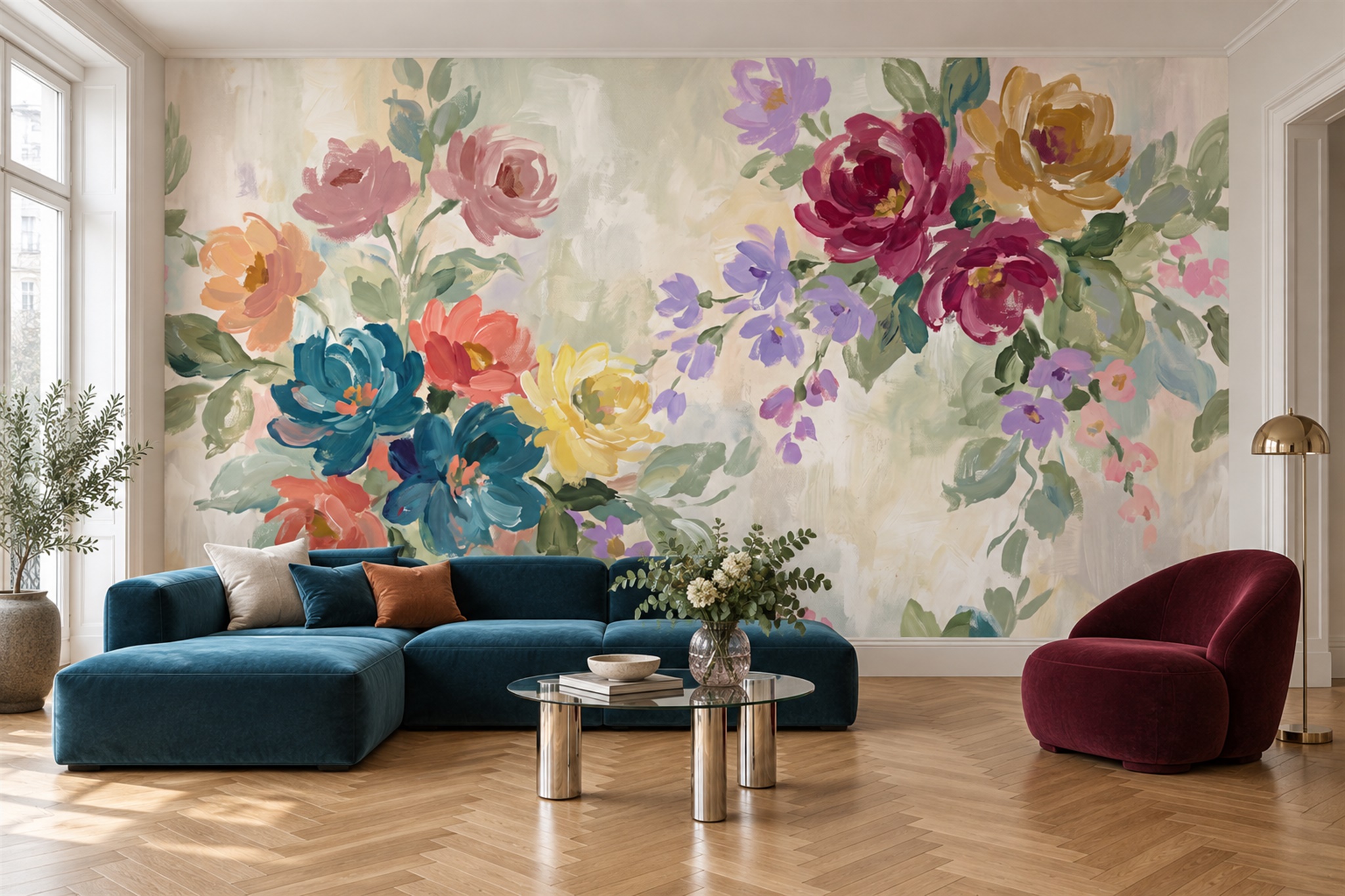 Pink Floral Botanical Textured Wallpaper Mural Living-room-wallpaper-murals, Shown In A Living Room, Peel-and-stick Finish