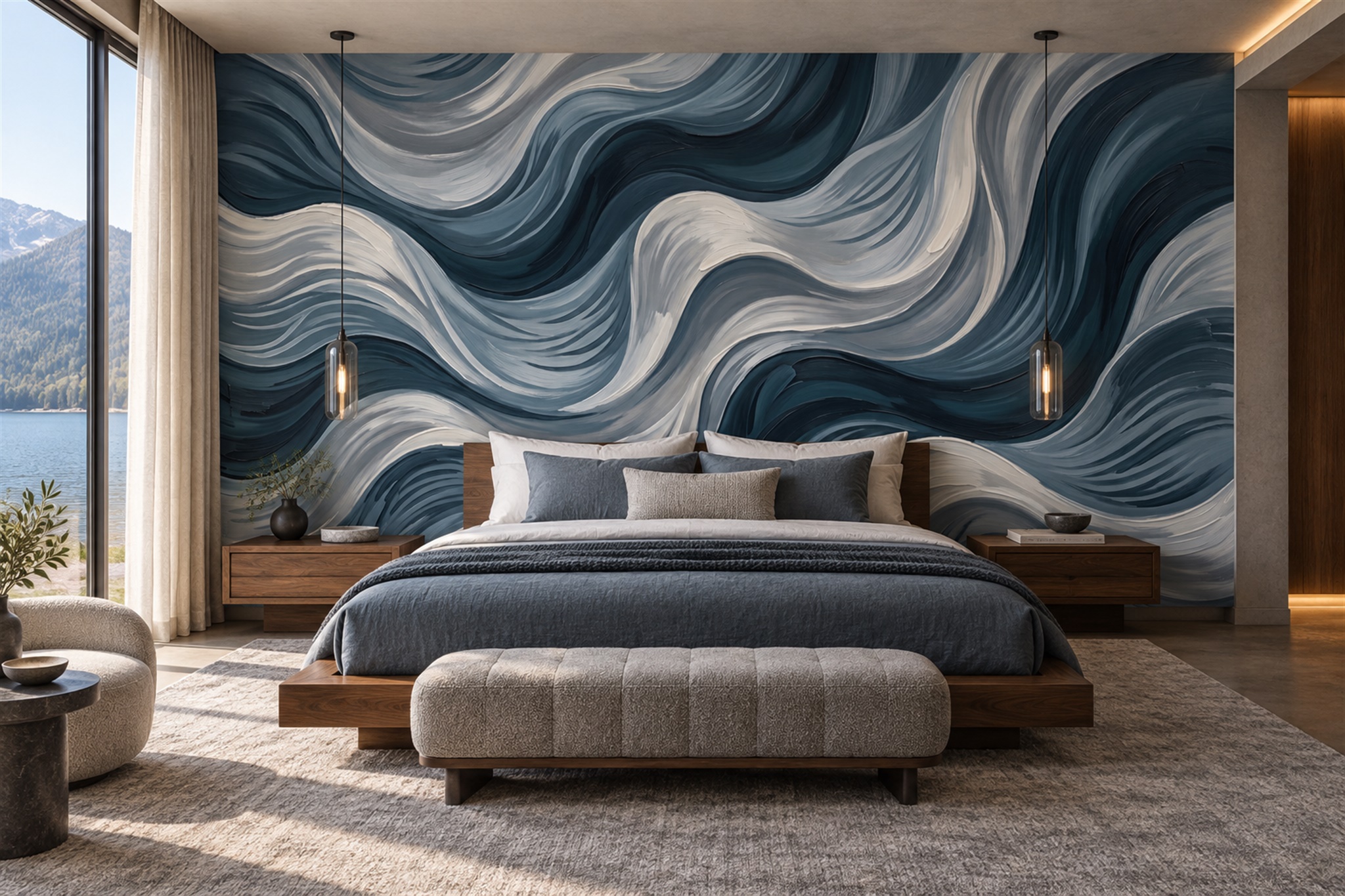 Navy Waves Artful Wallpaper Mural Bedroom-wallpaper-murals, Peel-and-stick Finish
