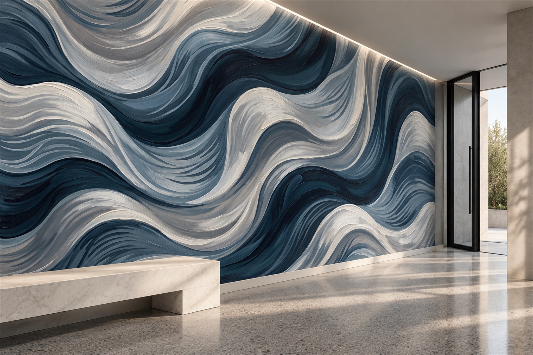 Navy Waves Artful Wallpaper Mural Entryway-wallpaper-murals, Peel-and-stick Finish