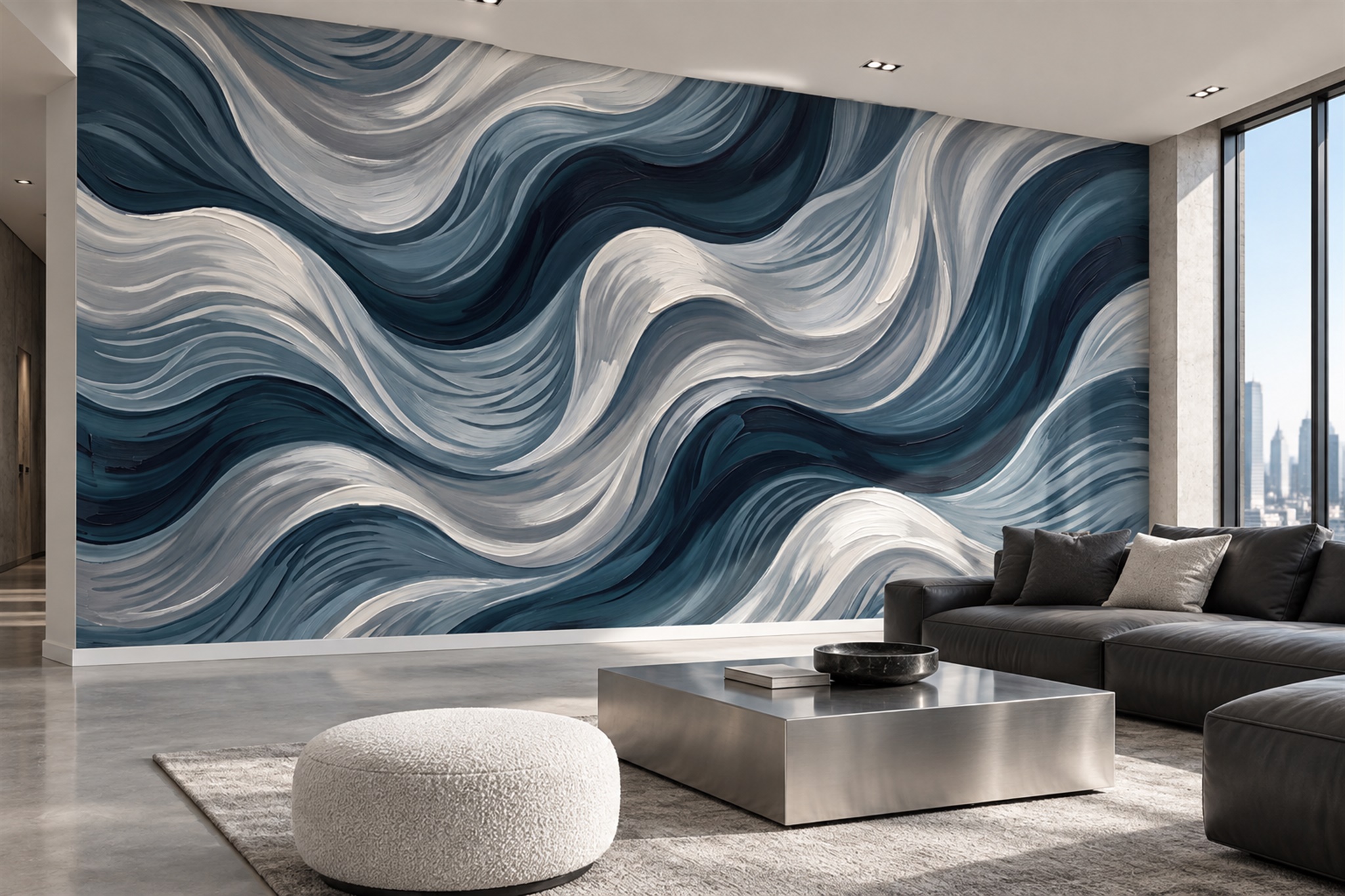 Navy Waves Artful Wallpaper Mural Bedroom-wallpaper-murals, Peel-and-stick Finish