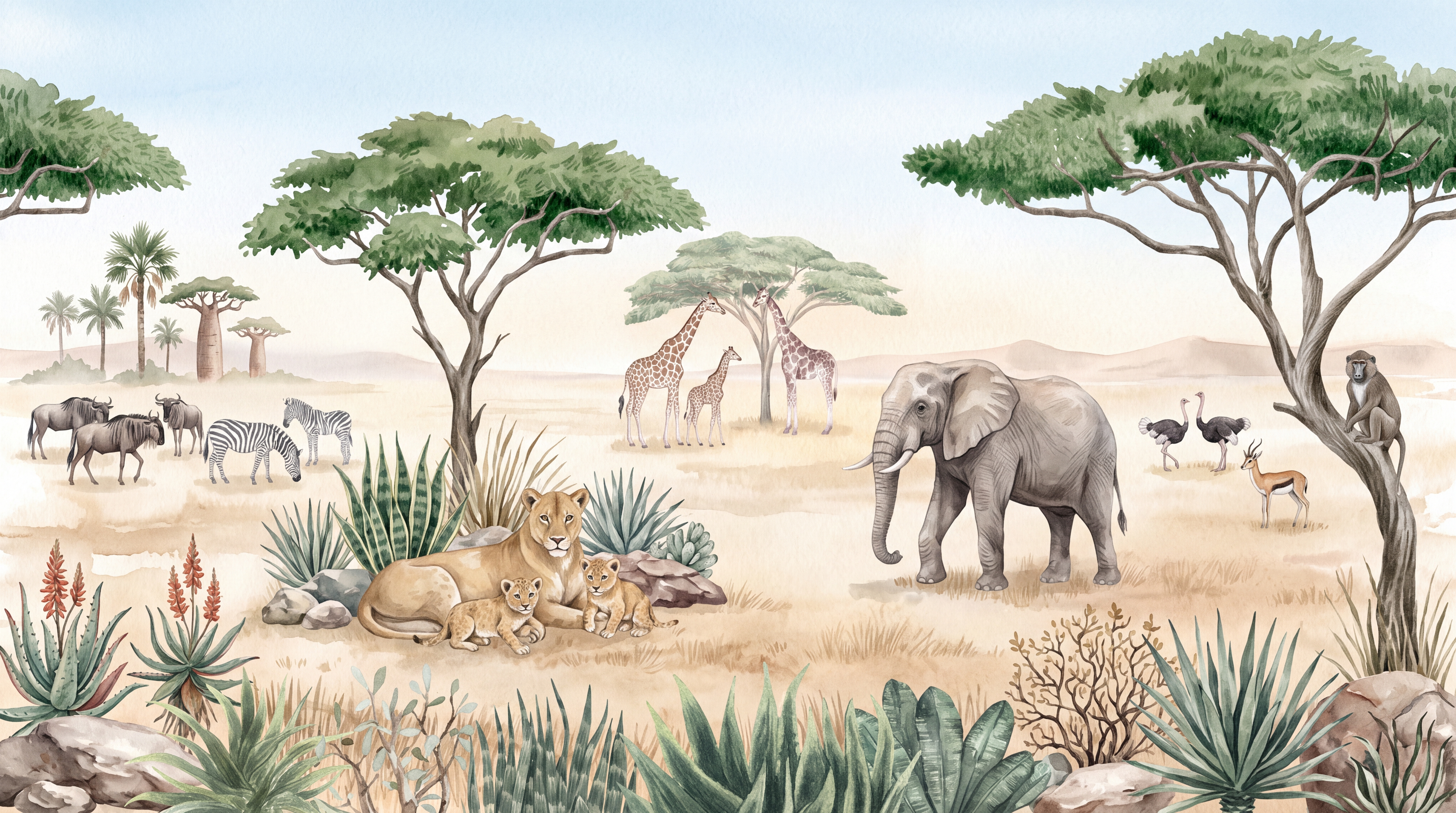 Beige Safari Scenic Wallpaper Mural, Peel-and-stick Finish