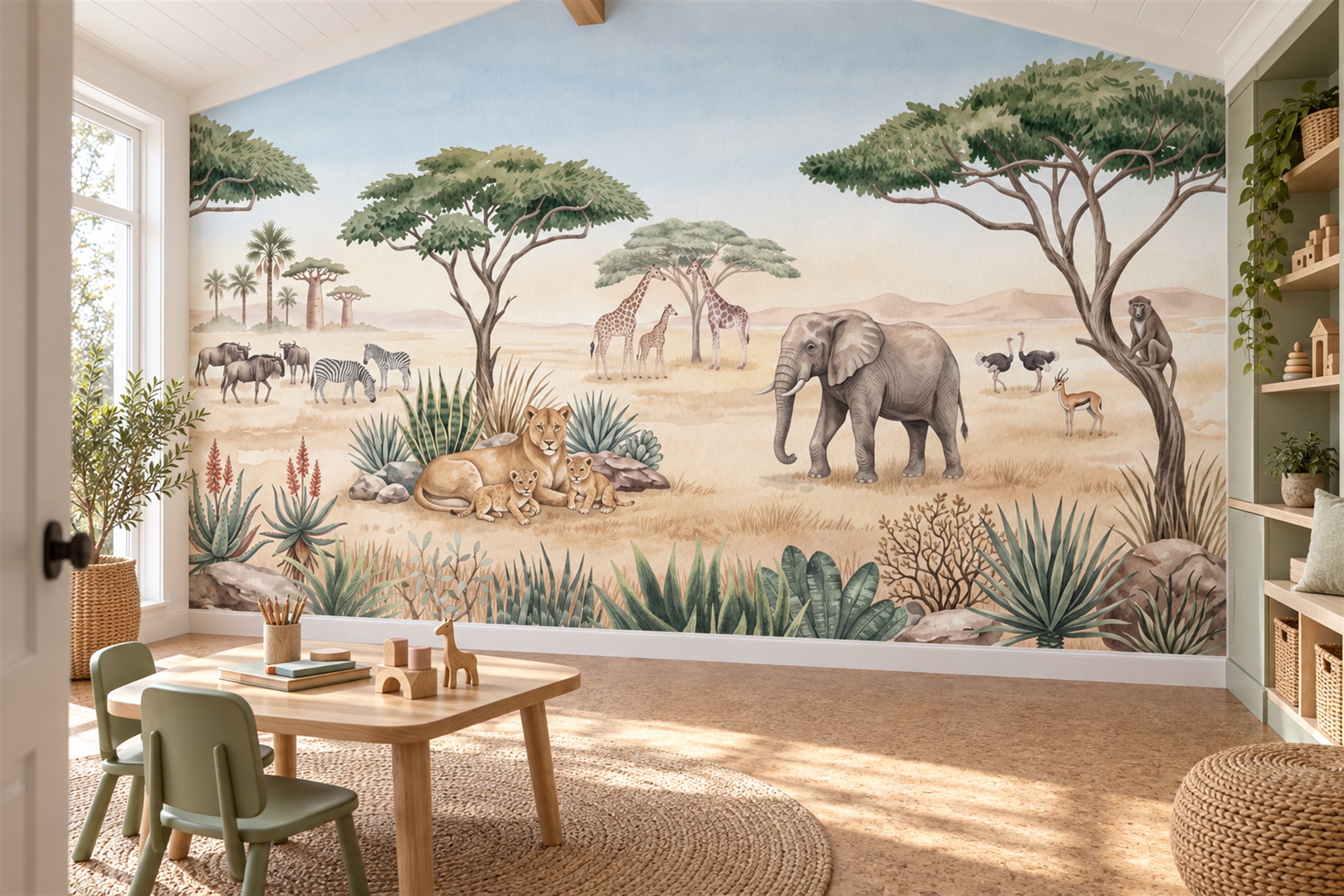 Beige Safari Scenic Wallpaper Mural Home-office-wallpaper-murals, Peel-and-stick Finish