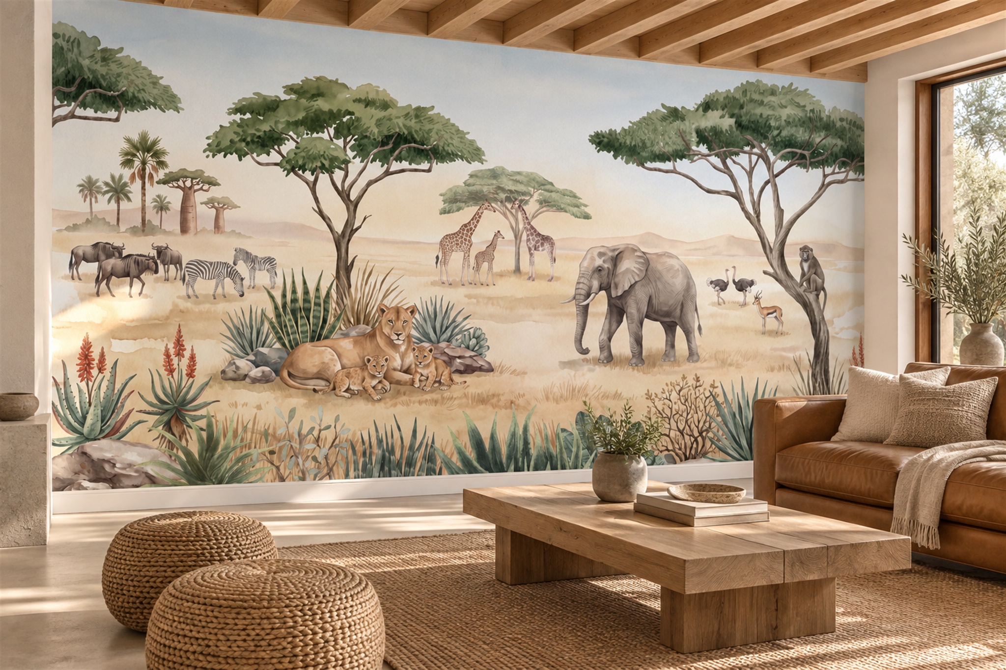 Beige African Safari Animals And Acacia Wallpaper Mural — Wallpaper Mural Design, Peel-and-stick Finish