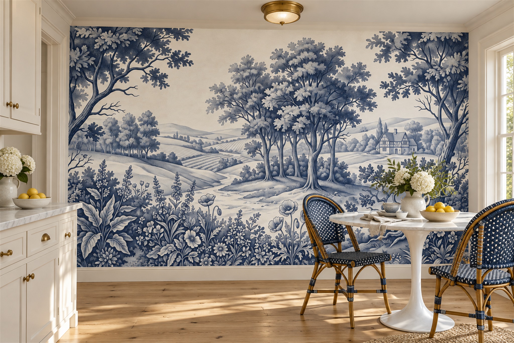 Blue Toile Artful Layered Wallpaper Mural Dining-room-wallpaper-murals, Shown In A Dining Room, Peel-and-stick Finish