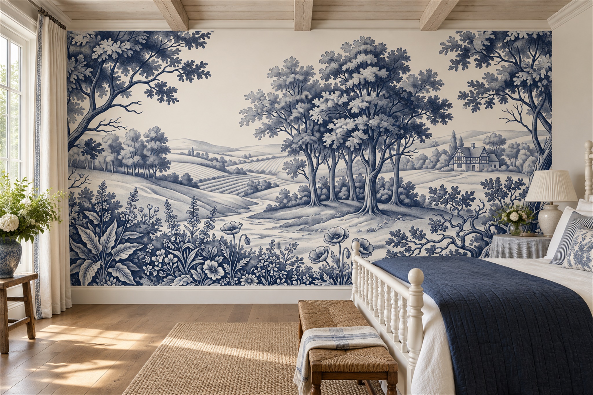 Blue Toile Artful Layered Wallpaper Mural Bedroom-wallpaper-murals, Peel-and-stick Finish