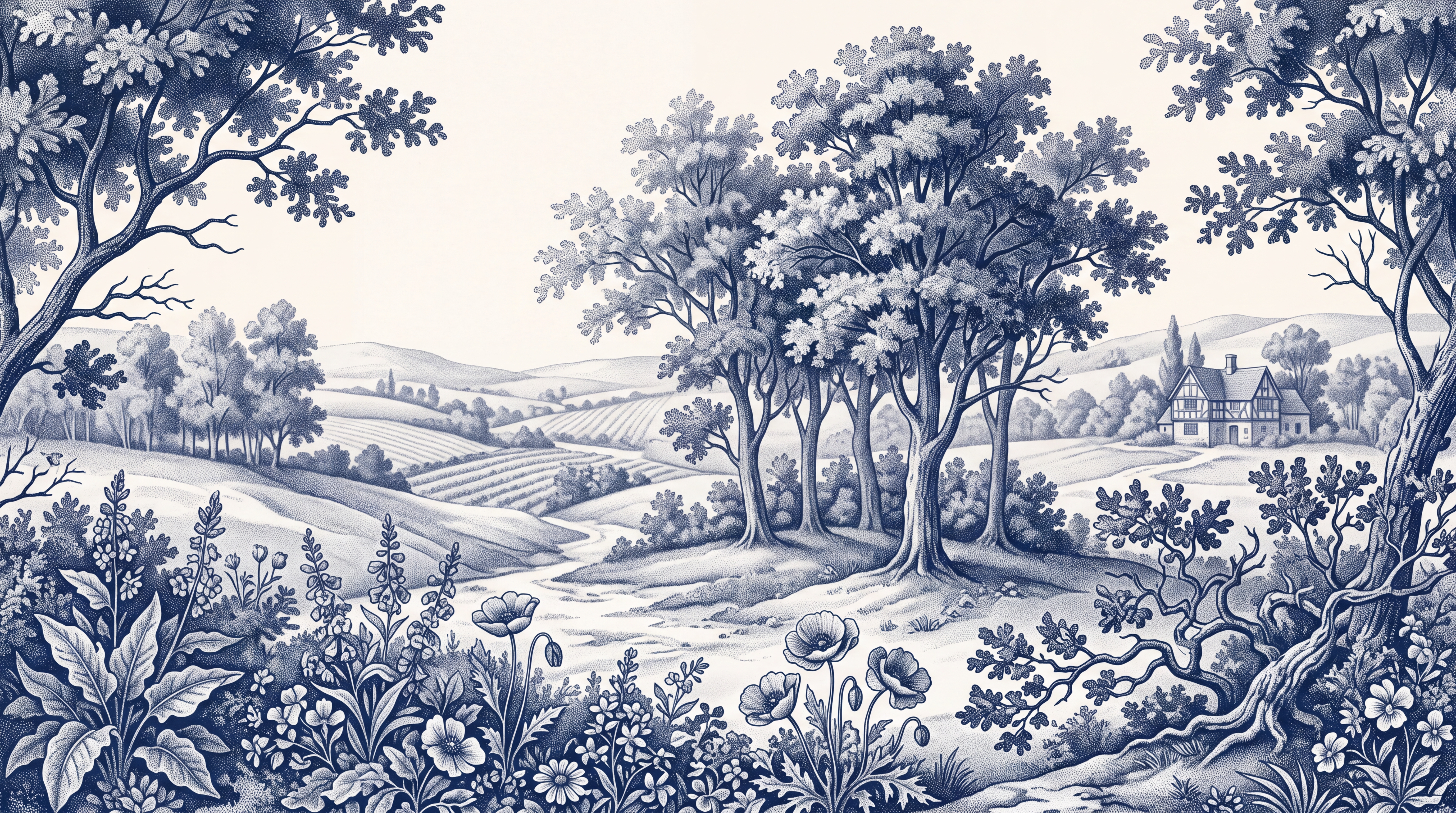 Blue Toile Artful Layered Wallpaper Mural Bedroom-wallpaper-murals, Peel-and-stick Finish