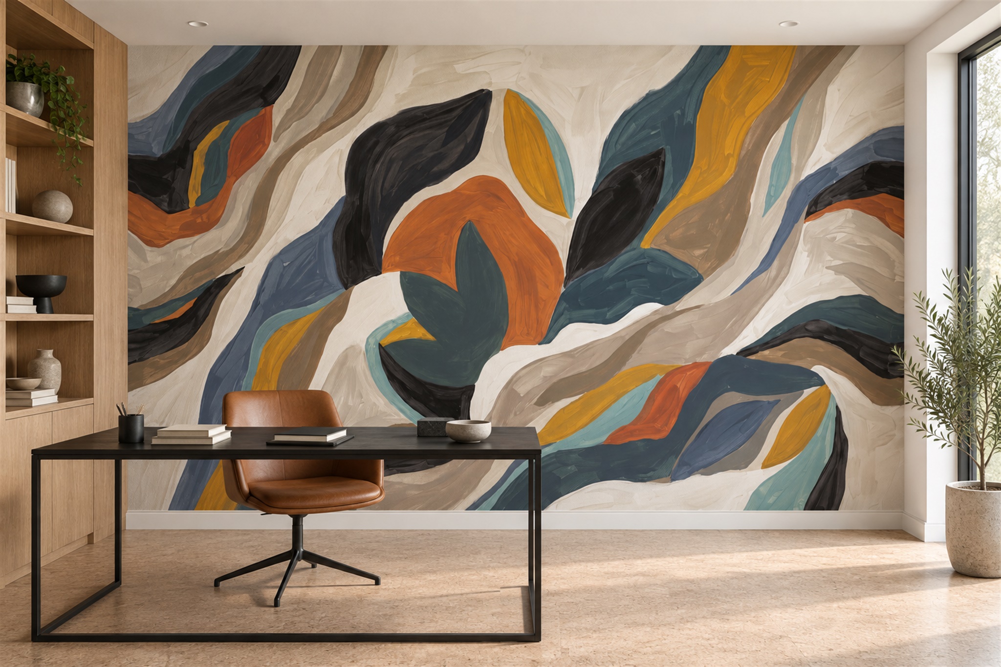 Ochre Swirl Artful Wallpaper Mural Home-office-wallpaper-murals, Shown In A Home Office, Peel-and-stick Finish