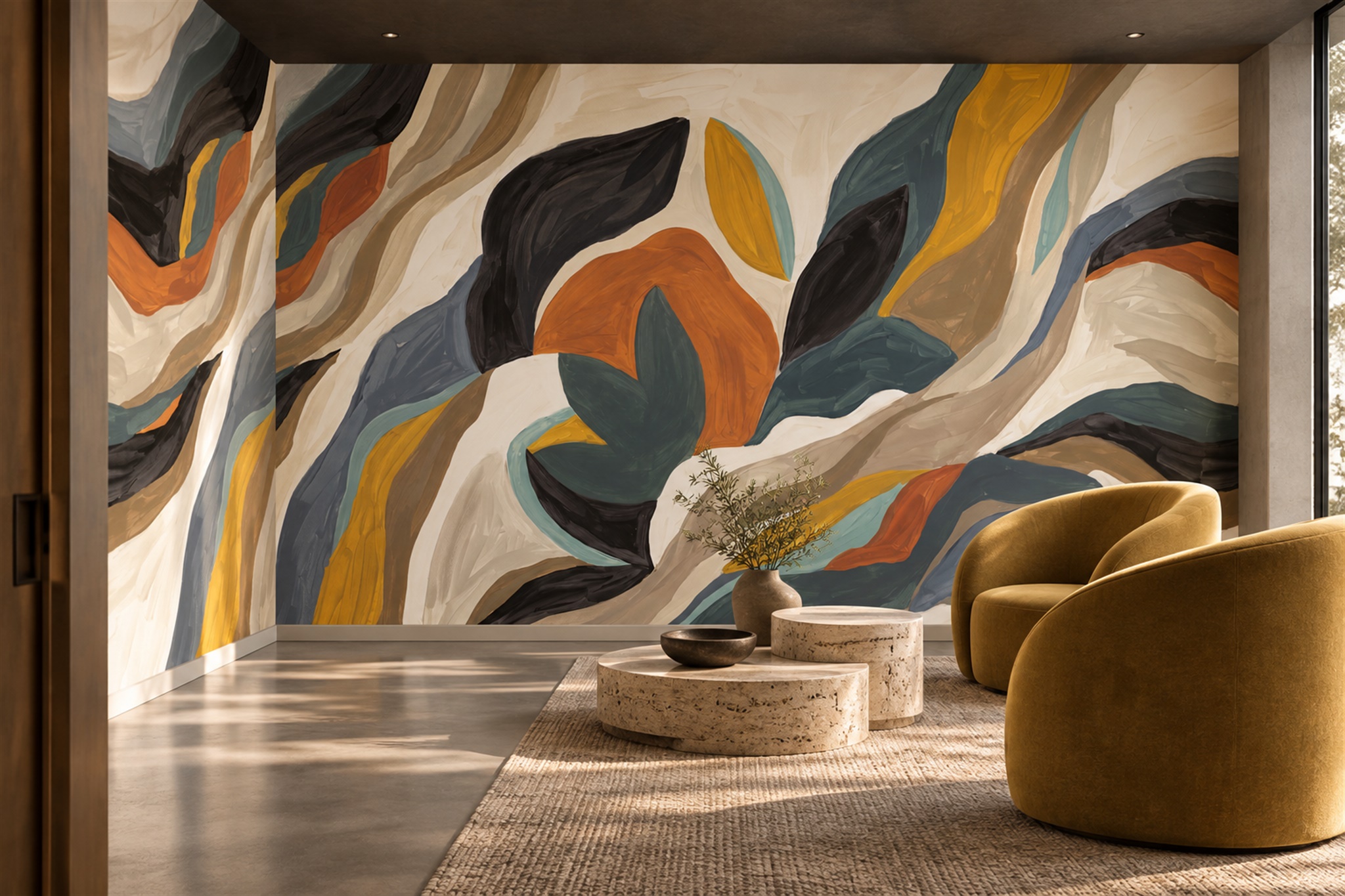 Ochre Swirl Artful Wallpaper Mural Living-room-wallpaper-murals, Shown In A Living Room, Peel-and-stick Finish