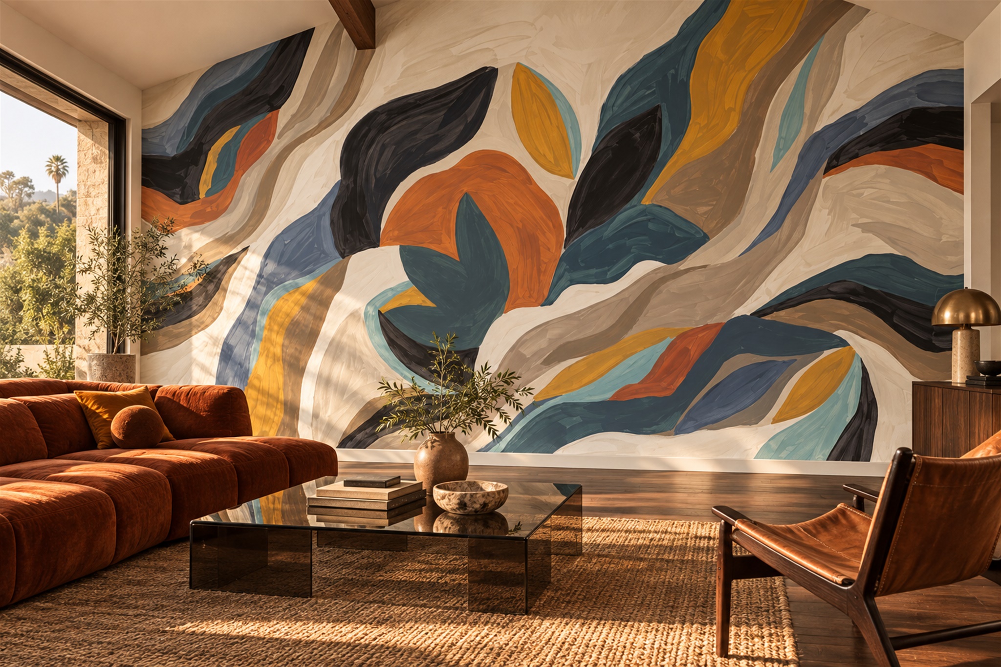 Ochre Swirl Artful Wallpaper Mural Accent-wall-wallpaper-murals, Peel-and-stick Finish