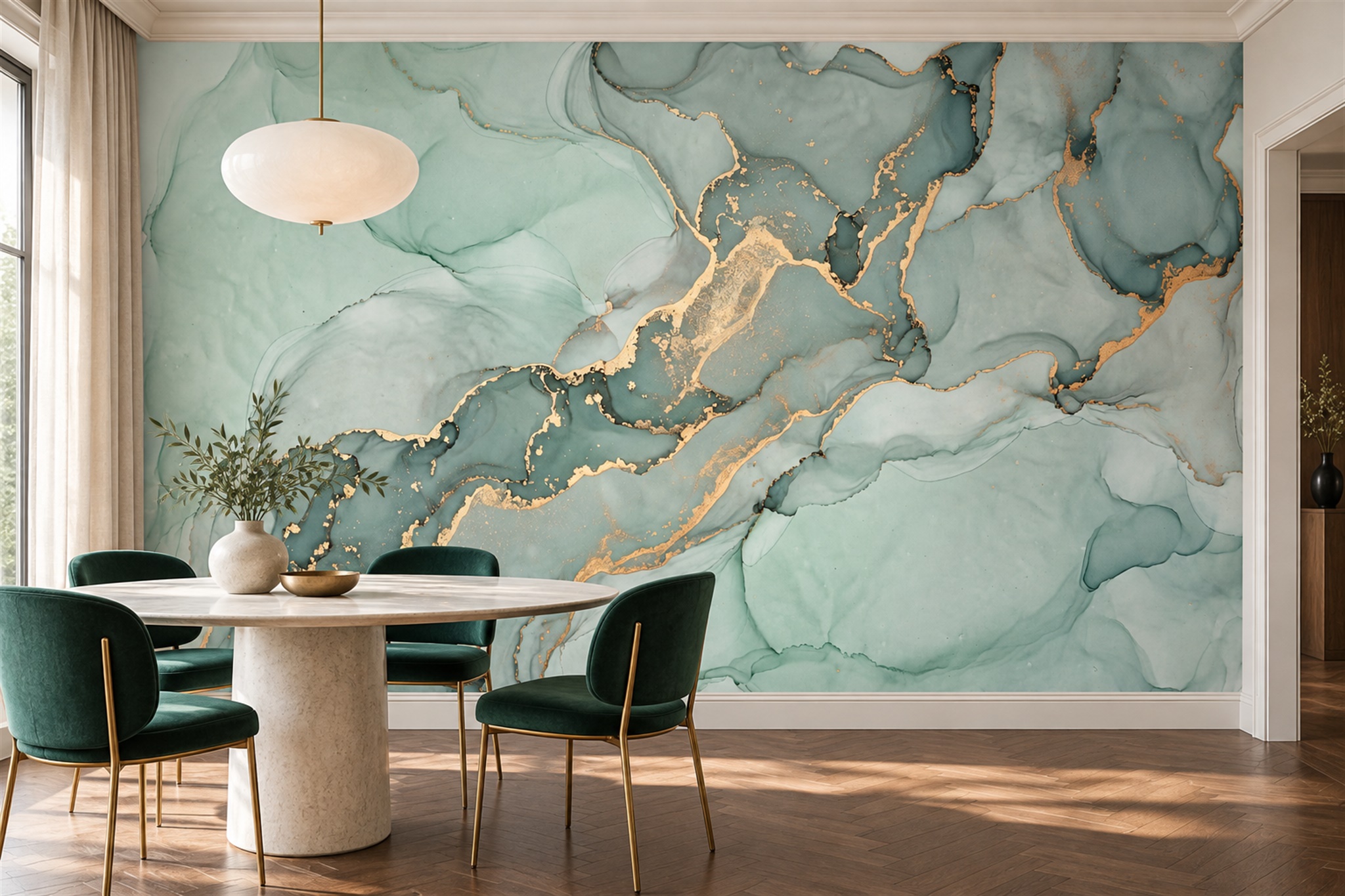 Mint Marble Decorative Wallpaper Mural Dining-room-wallpaper-murals, Shown In A Dining Room, Peel-and-stick Finish