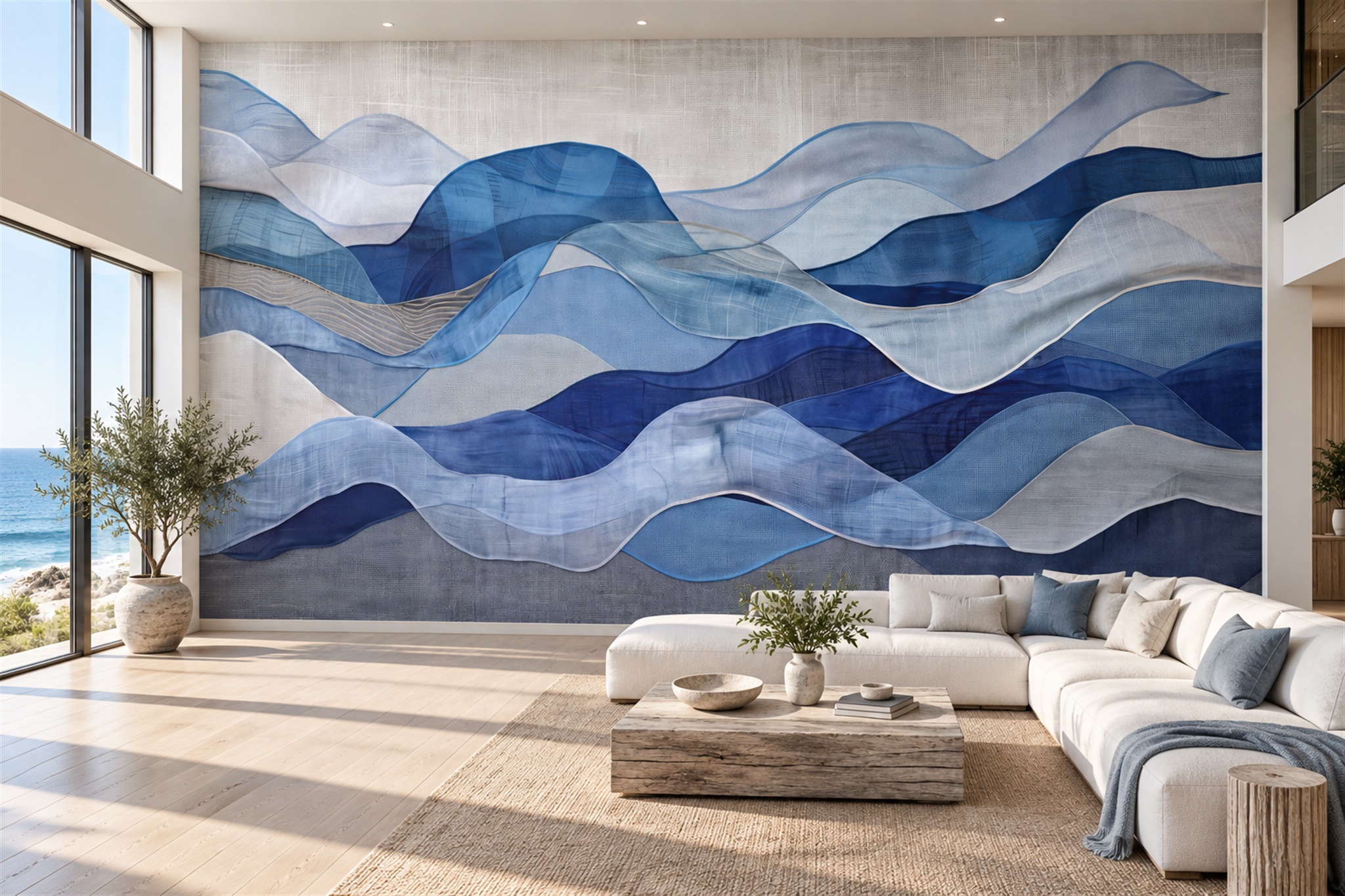 Blue Waves Artful Abstract Wallpaper Mural Living-room-wallpaper-murals, Peel-and-stick Finish