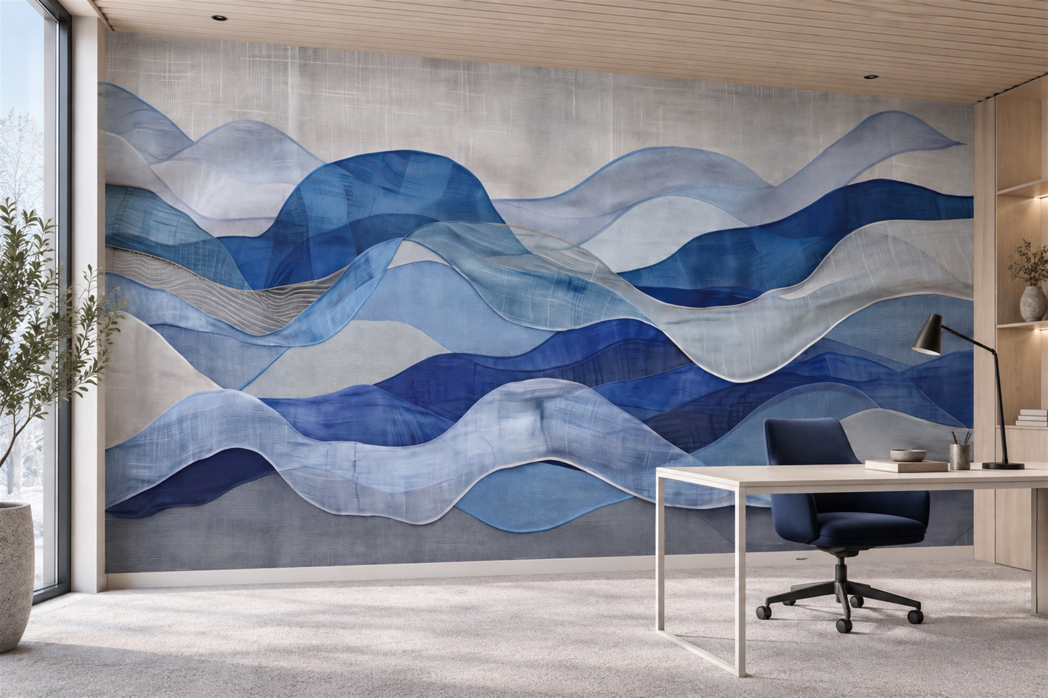 Blue Waves Artful Abstract Wallpaper Mural Home-office-wallpaper-murals, Shown In A Home Office, Peel-and-stick Finish